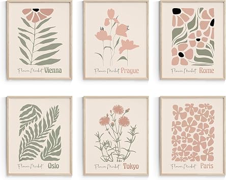 Habseligkeit Retro Flower Wall Art Prints, Vintage Boho Wall Decors for Womens Room Aesthtic, Abstract Posters for Girls Bedroom Decor Aesthetic Unframed, 8X10in, Set of 6