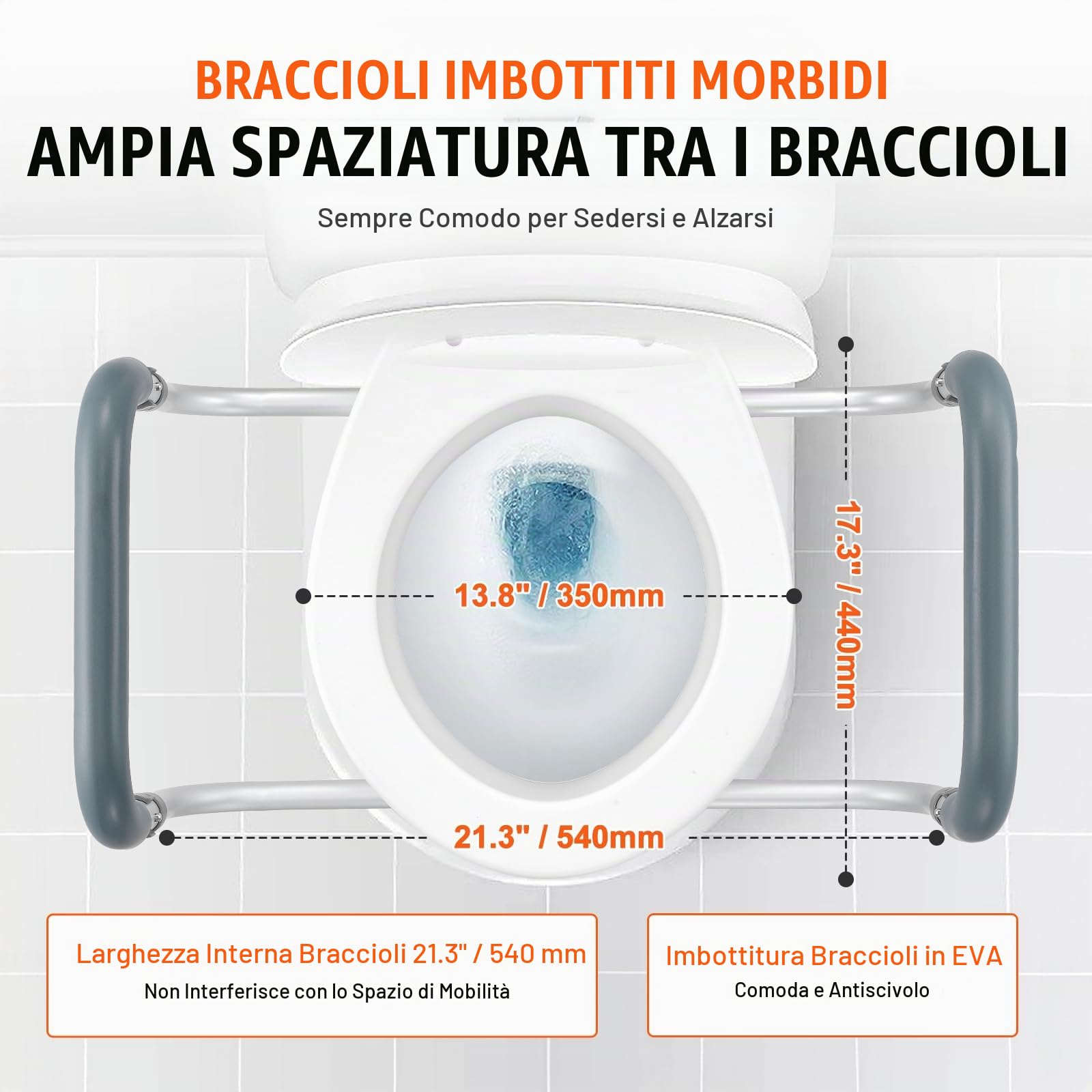 VEVOR Alzata WC Rotonda Standard Altezza 88,9 mm, Sedile WC Rialzato Portata 136 kg, Corrimano in Alluminio, Imbottitura EVA, Rialzo per WC Maniglia Alzata per Ausilio da Bagno