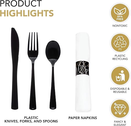 Miniatura 3 de Party Essentials Party Supplies - Juego de cubiertos envueltos desechables, servilletas y cubiertos preenrollados, cucharas, tenedores, cuchillos
