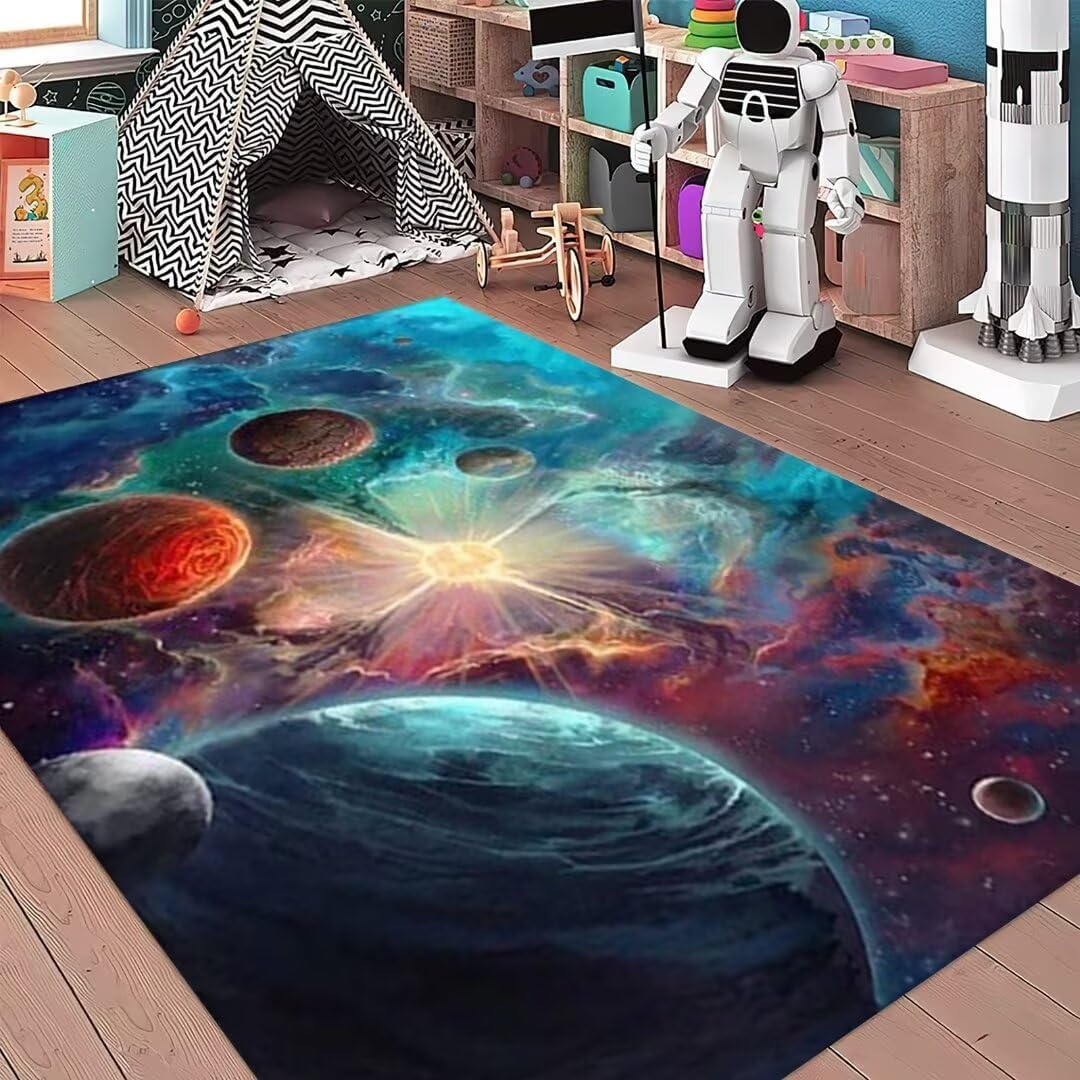 Outer Space Rug for Kids Room Green Planet Universe Print Area Rugs Washable Non-Slip Soft Playroom Indoor Flannel Floor Mats, 3x5