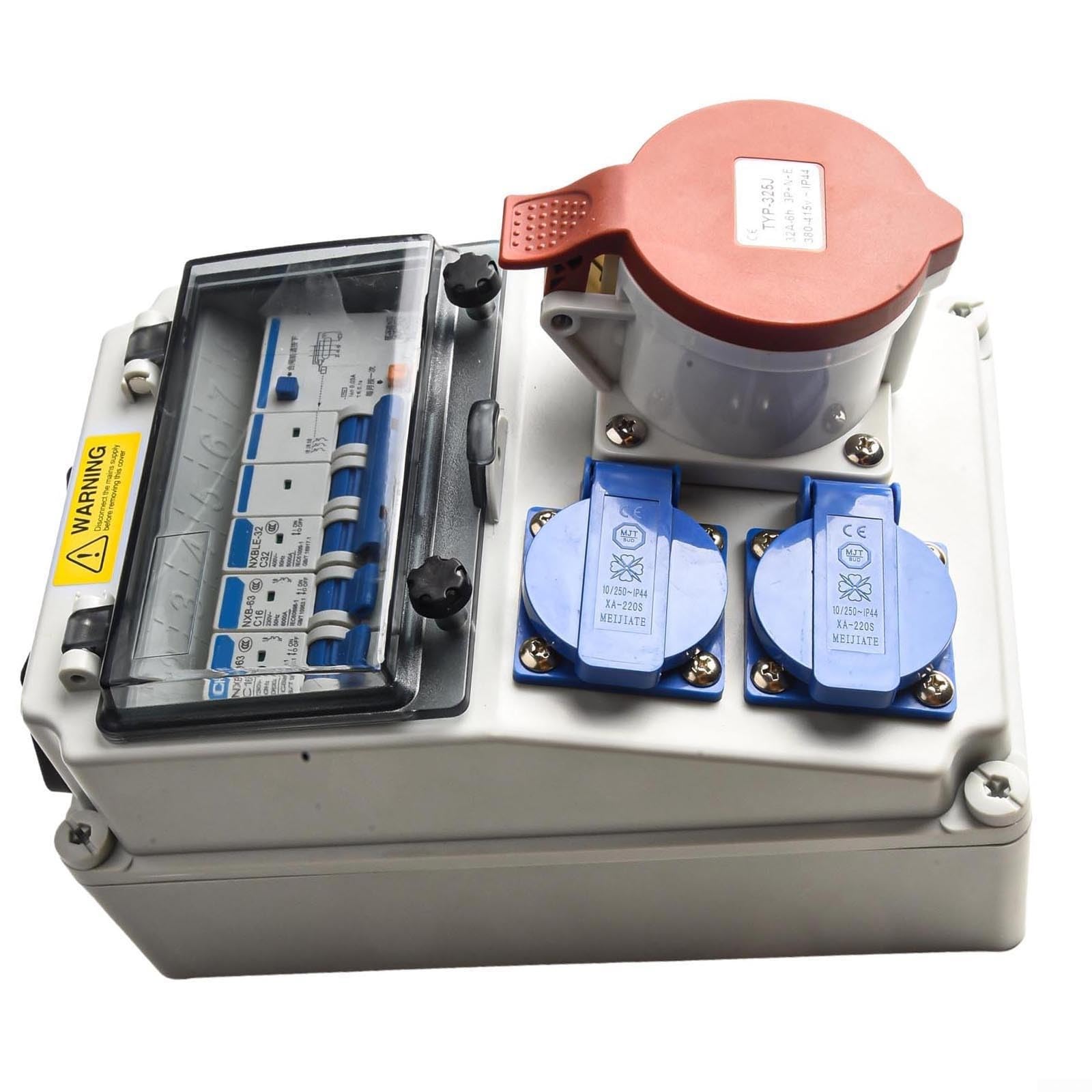 Distribuidor de corriente para construcción IP65, montaje en pared con interruptor de protección FI, 2 x para Schuko 10 A y 1 x para CEE 400 V 32 A, distribuidor exterior impermeable de ABS + PC para