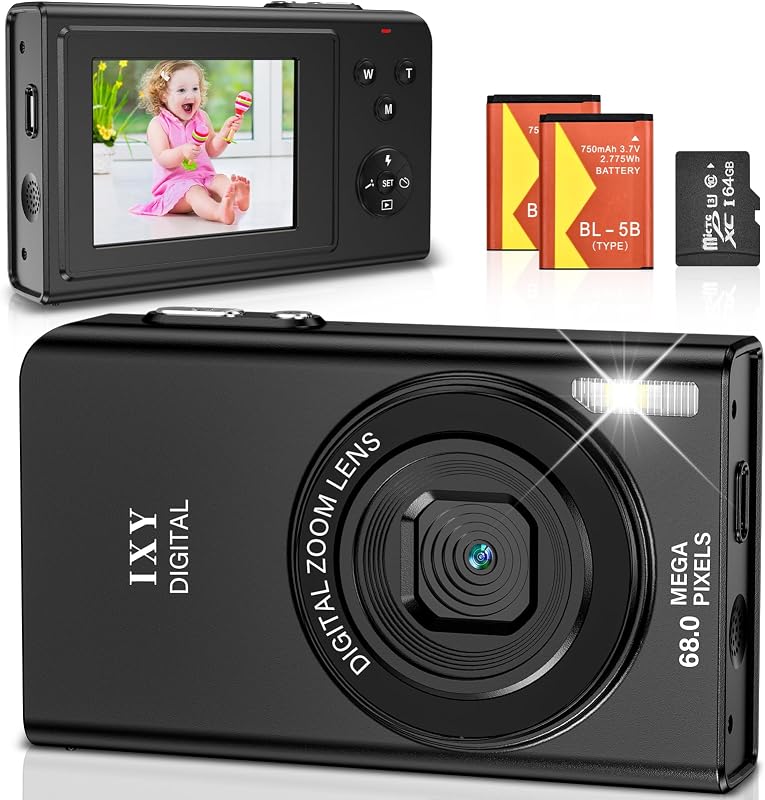 Digital Camera, 68MP 4K Photo Camera with Auto Focus, 16X Digital Zoom Camera, 2.4 Inch LCD Screen, Compact Camera, Portable Digital Camera with 64GB SD Card for Teenagers, Adults, Beginners (Black)