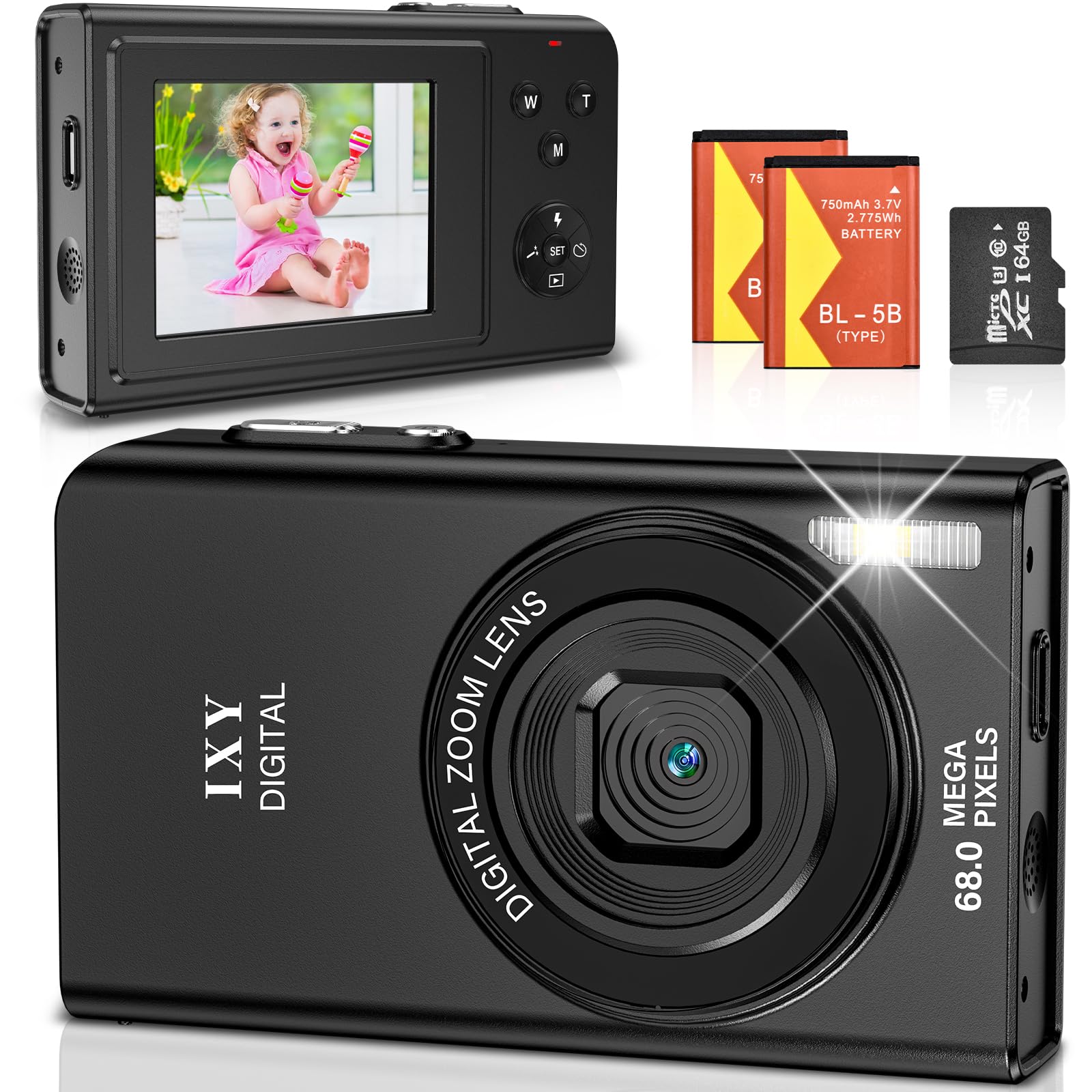Cámara de Fotos 68MP 4K Cámara Digital Compacta con Zoom 16X 2,4" LCD Compacta Portátil Cámara con Tarjeta 64GB para Niños Principiantes Adulto (Negro)