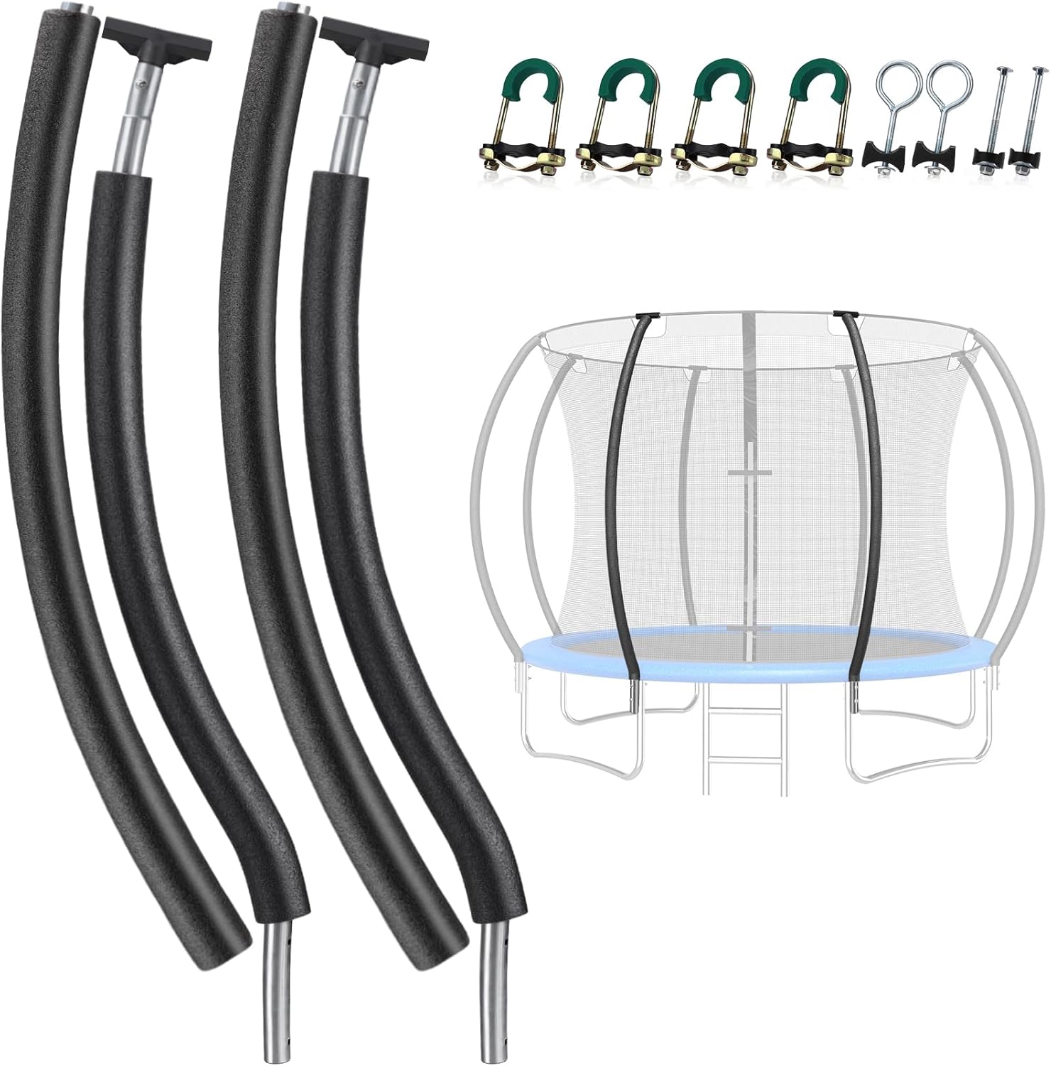 2PCS Trampoline Poles Replacement, 1mm Thick, Fits 1.65'' / 4.2CM Inner Diameter for 10-16FT Jumpzylla Trampolines, Complete Kit with Protective Foam Sleeves & Mounting Hardware