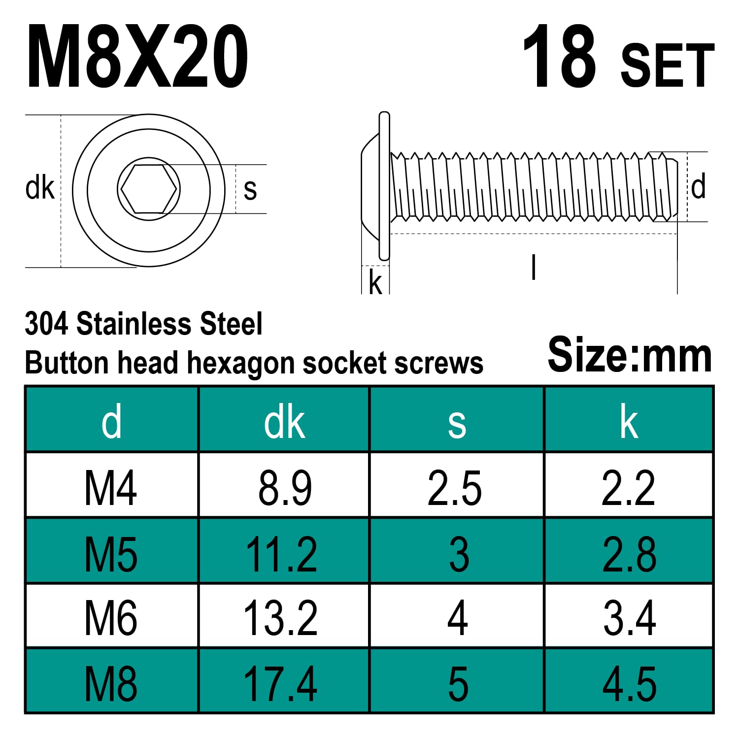 Set di 18 viti M8, viti a testa bombata M8 x 20 mm, in acciaio inox, set di viti a flangia, viti a testa piatta con flangia, set di viti filettate