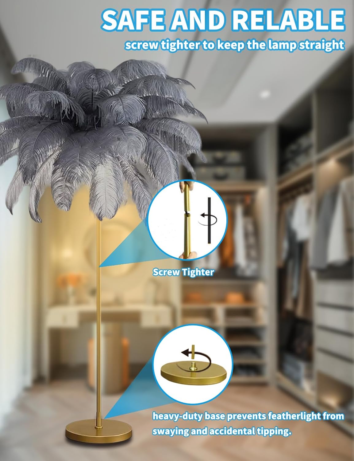 Feather Floor Lamp,Fluffy Ostrich Feather Floor Lamp for Bedroom,3 Color Temperatures Led Corner Modern Floor Lamps for Living Room Christmas Home Decor House Warming Gifts,63″ Height (Grey)
