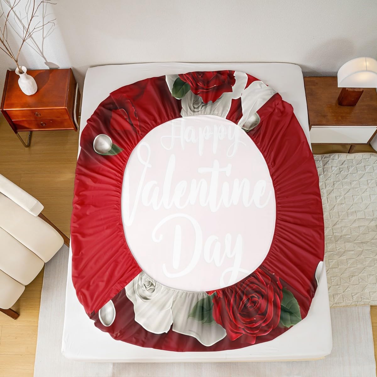 Happy Valentine's Day Sheet Set Queen Size Red Rose Floral Bedding Set 4Pcs for Women Men Adults Room Decor Wedding Romantic Deep Pocket Sheet Red White Patchwork Top Flat Sheet,2 Pillowcases