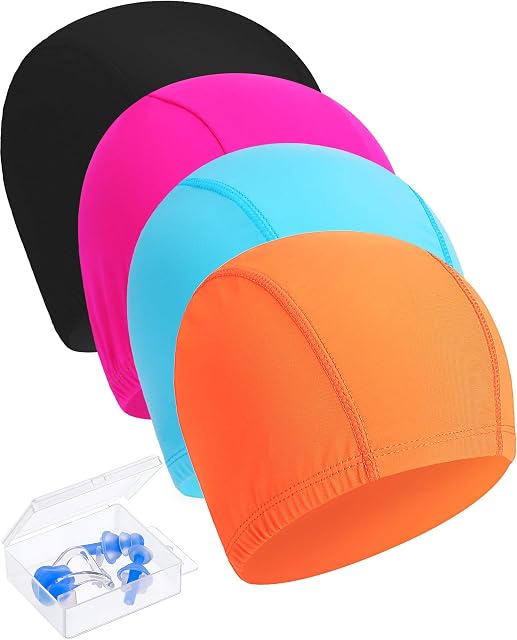 Hestya 4 Pieces Swim Caps, Lightweight Swimming Caps Suitable for Kids, Women, Men While Swimming, Come with Nose Clip and Ear Plugs
