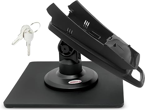 ENS Tailwind Ingenico ICT 220/ICT 250 3" Latch and Key Lock Compact Pole Mount Terminal Stand with Square Freestanding Mobility Base Plate, Black