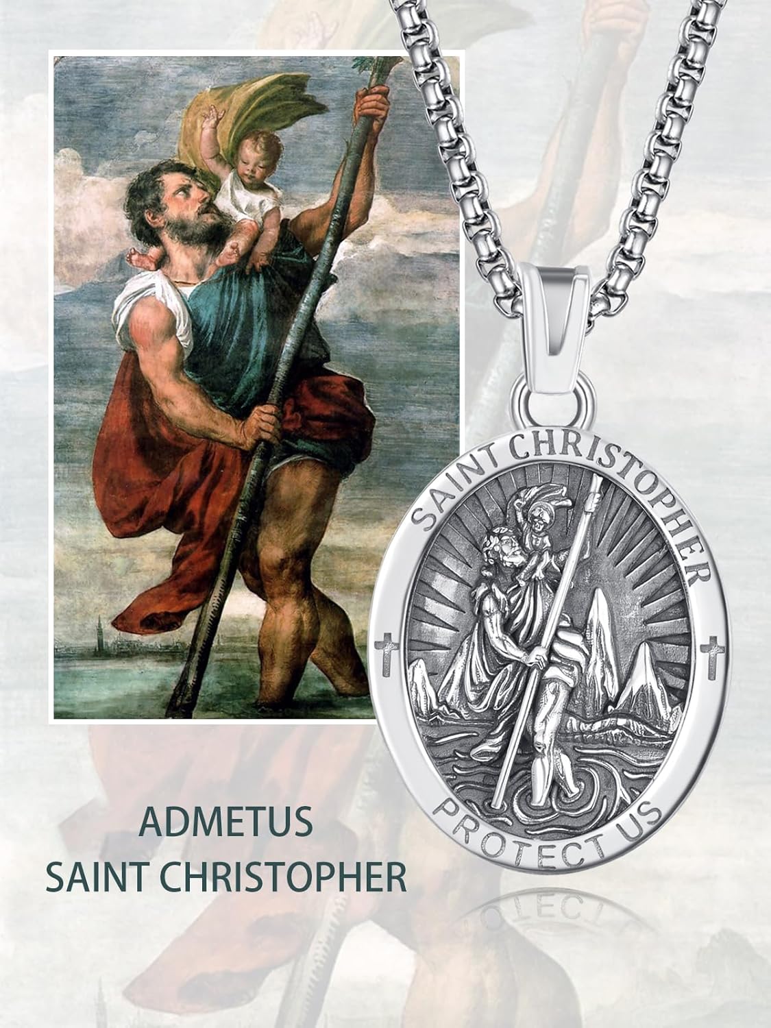 ADMETUS 925 Sterling Silver Patron Saint Medals | Amulet Necklace Protection Jewelry for Men with 2.5mm 22"+2" Rolo Chain | Religious Mothers Day Jewelry Gift for Mom