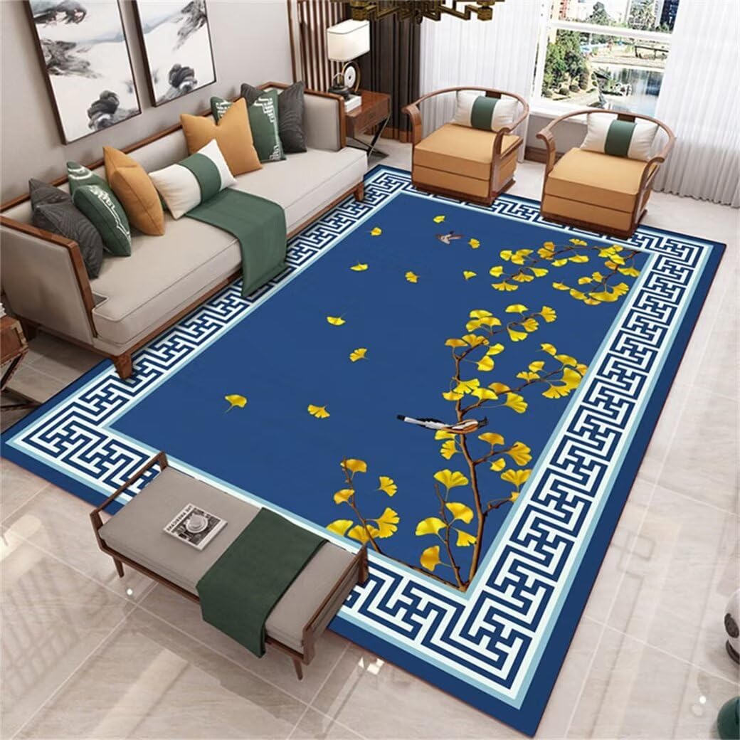 Tapis Bureau XXL 200x300cm bleu à motif floral chinois pour décoration de chambre