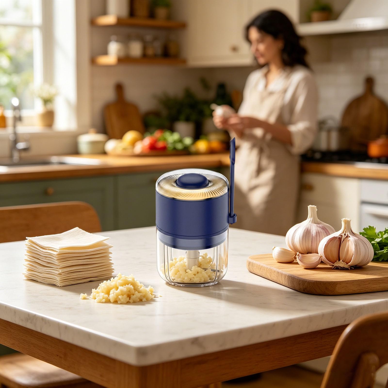 Picadora y picadora eléctrica de ajos, mini cortador de verduras, inalámbrico e inalámbrico, procesador de alimentos fácil de limpiar para ajo, carne, jengibre, tazón grande de vidrio