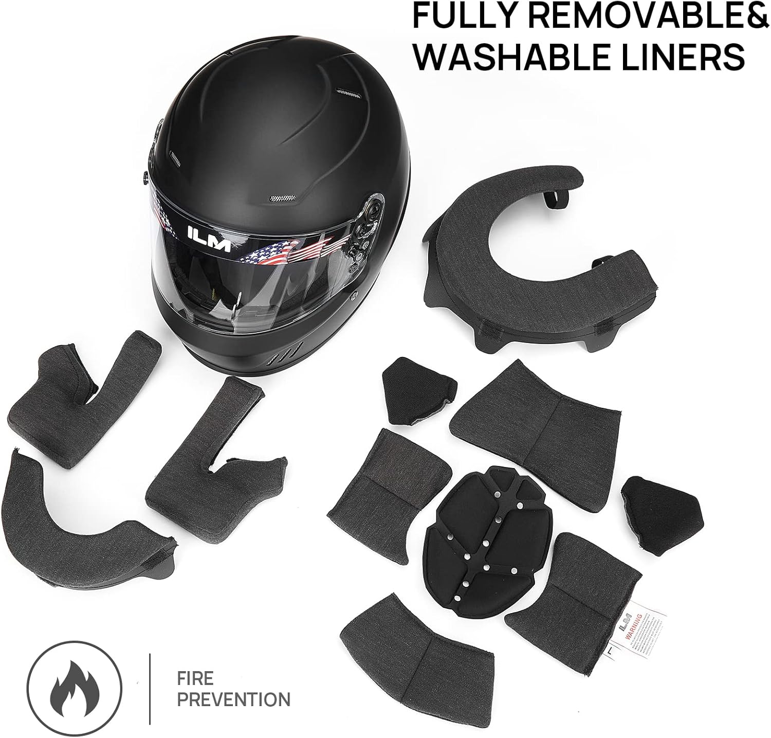 Exploded view of the ILM helmet showing fully removable and washable inner liners.