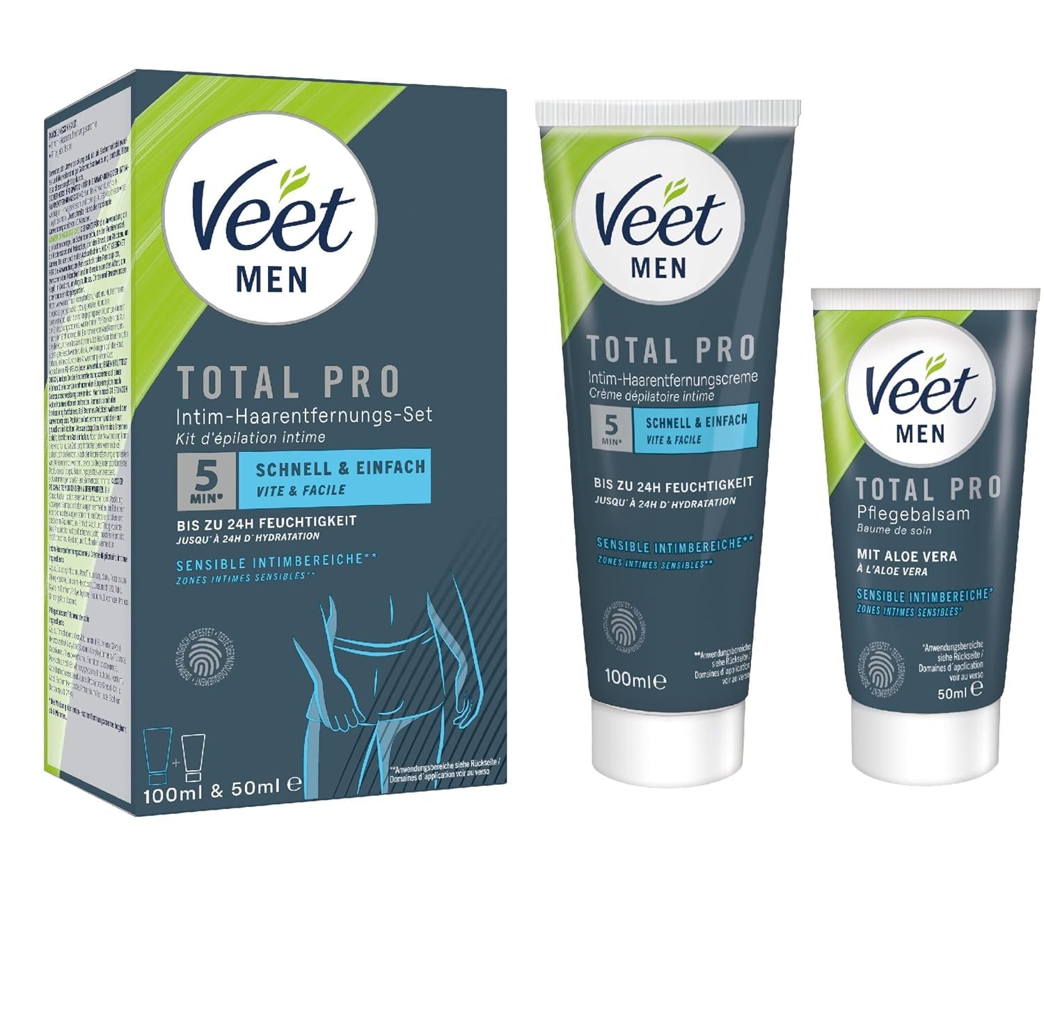 Veet Men Kit de Depilación para Zonas Íntimas del Cuerpo, Crema Depilatoria Hombre 100 ml y Bálsamo Post-Depilación 50 ml