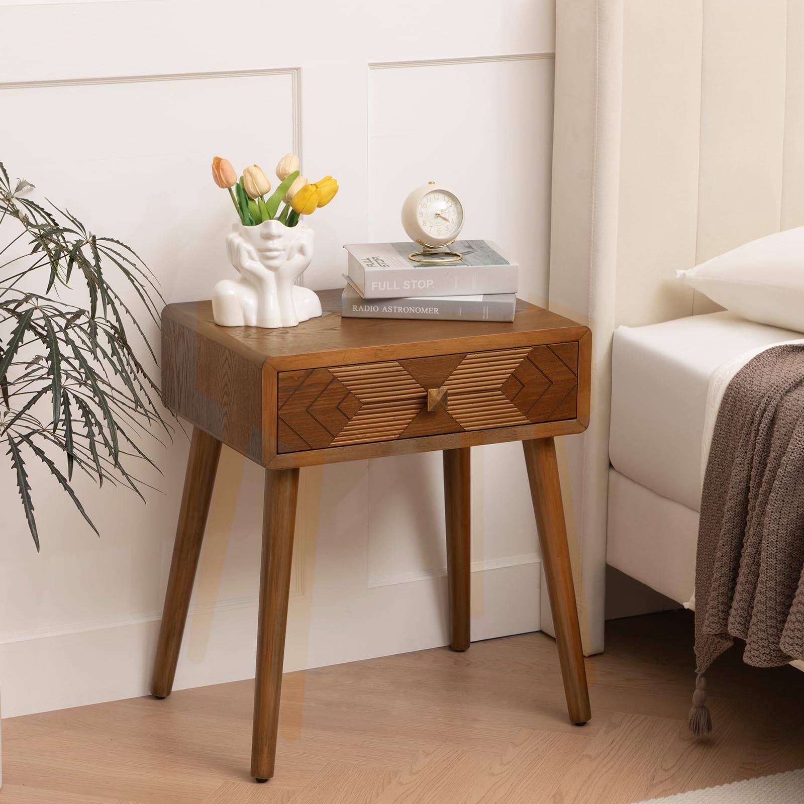Amazon.com: Ahoukua Mid-Century Modern Nightstand with Drawer, Brown ...