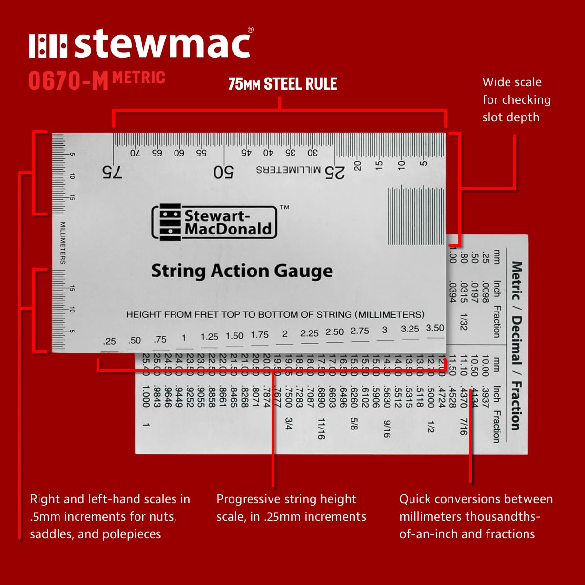 StewMac Medidor de Acción de Cuerdas, Métrico, Regla de Acero Inoxidable