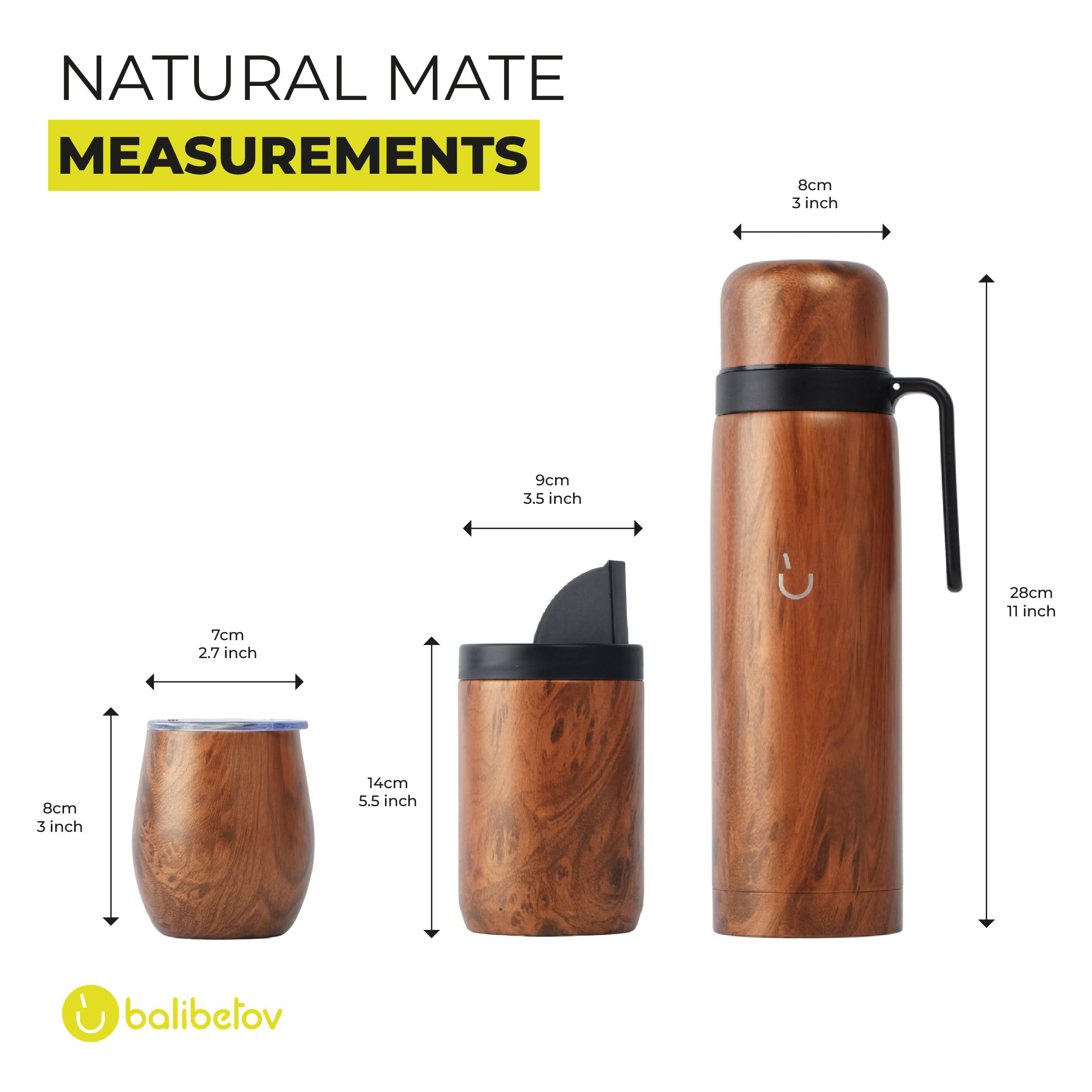 BALIBETOV Yerba Mate Tasse Set - Modern Yerba Mate Tasse, Thermos, Yerba Mate Conteneur (Yerbero), Bombilla (Mate Paille) et brosse de nettoyage - Acier inoxydable 304 18/8 (Bois)