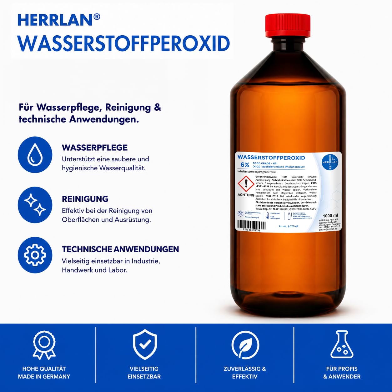 HERRLAN® Wasserstoffperoxid 6% stabilisiert – 1 Liter - FOOD GRADE H₂O₂ Lösung - Für Wasserpflege, Reinigung & technische Anwendungen - BAuA N-121128 - Made in Germany - MHD 12 Monate