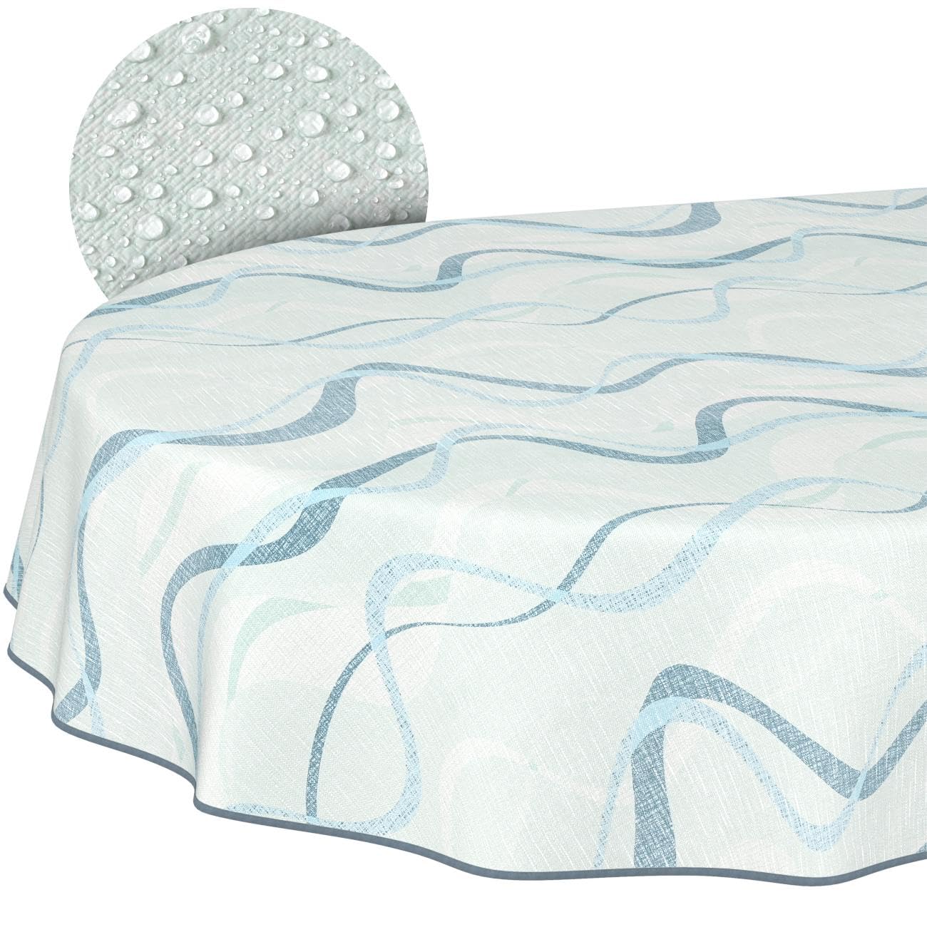 Nappe toile cirée ovale 240x140 cm motif vagues bleu avec ourlet