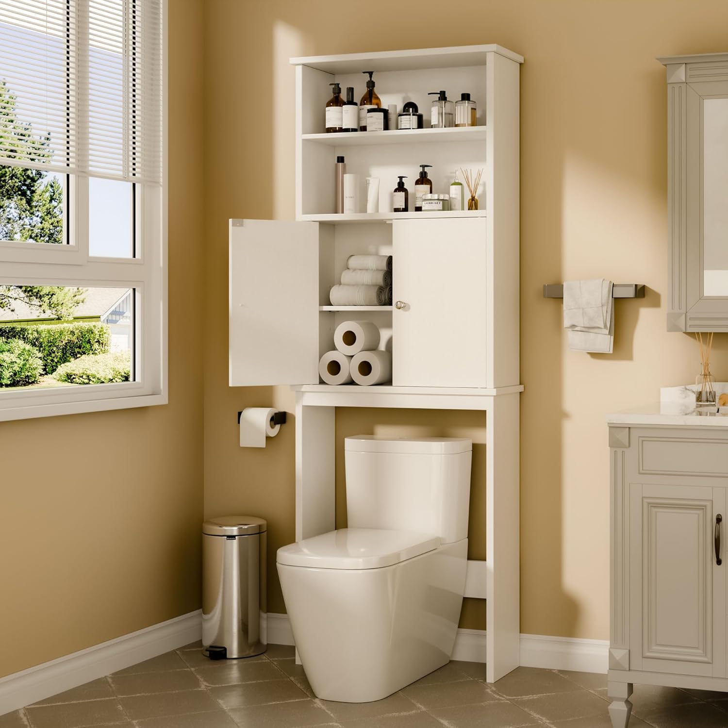 Walsunny Over The Toilet Storage Cabinet, Bathroom Organizer with Open Shelves and Double Doors, Space Saving Toilet Storage
