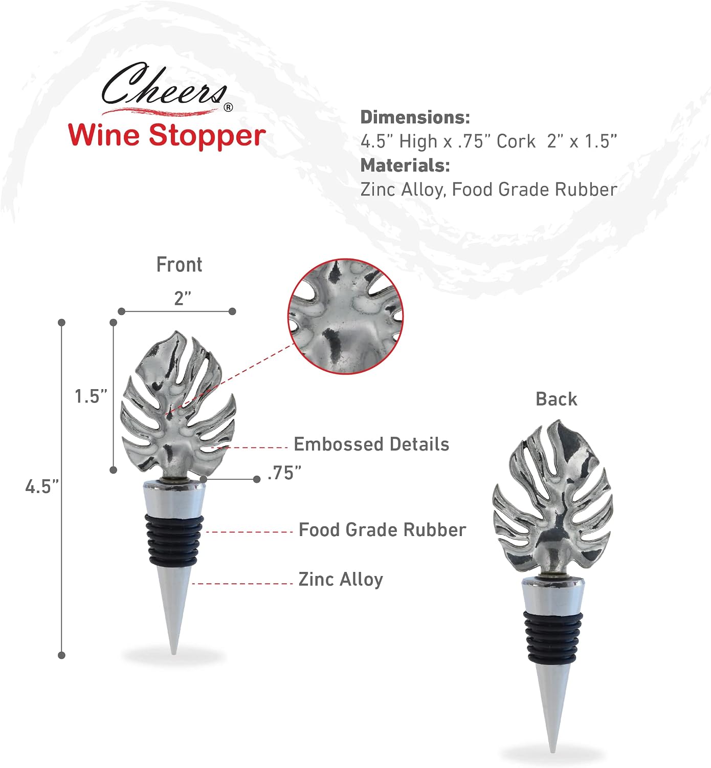 Cheers Silver Tropical Leaf Metal Wine Stopper - Unique Reusable Wine Cork image 2
