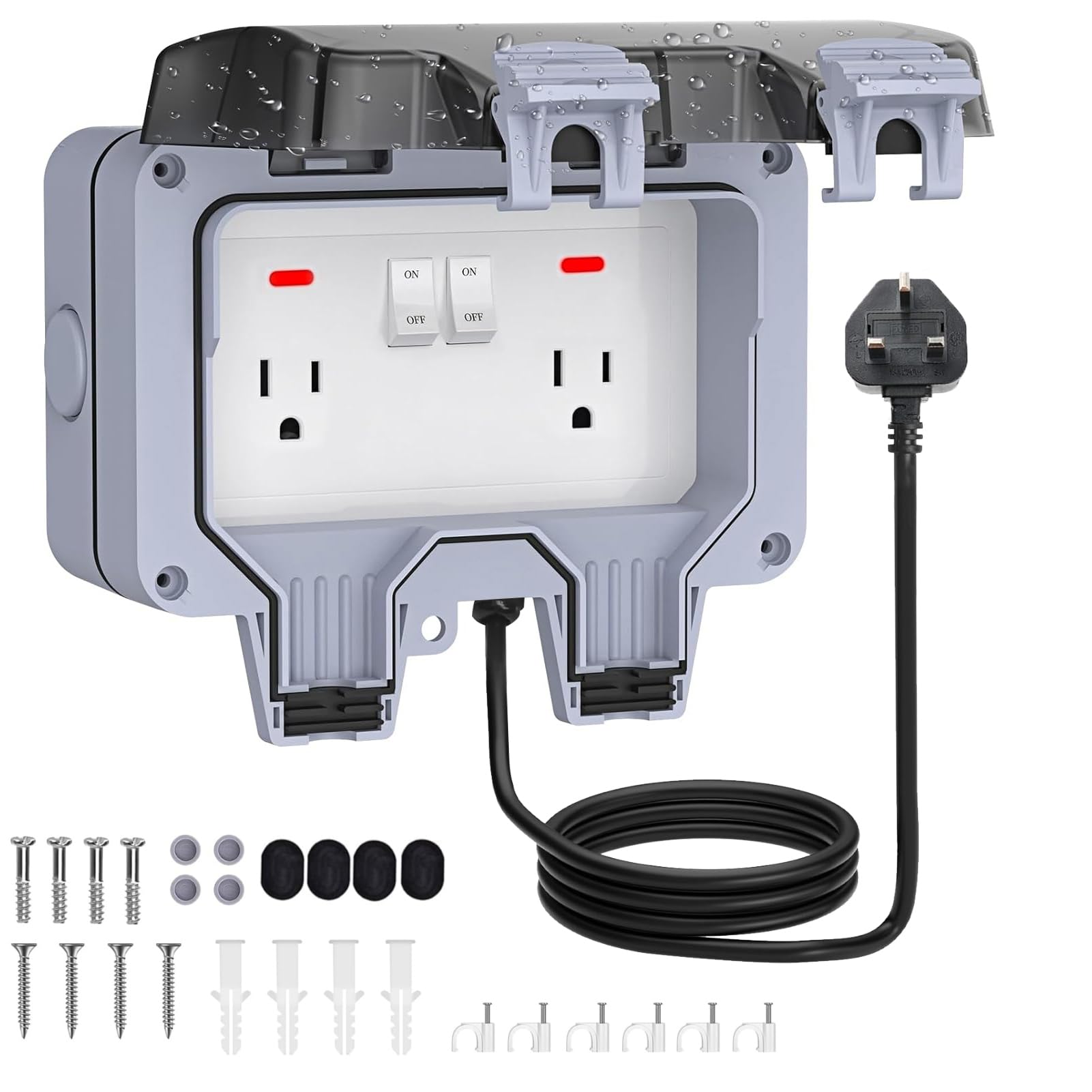 Prise extérieure résistante aux intempéries, double prise extérieure IP66, interrupteur interrupteur lumineux, prise murale, boîte avec rallonge de 5 m pour la maison et le jardin