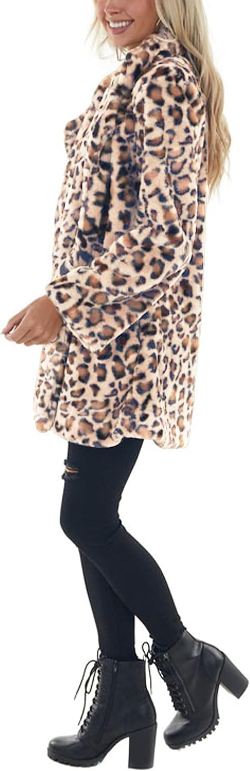 Omoone Women's Faux Fur Jackets Autumn Winter Leopard Coats Loose Fur Coat with Pockets - Image 3