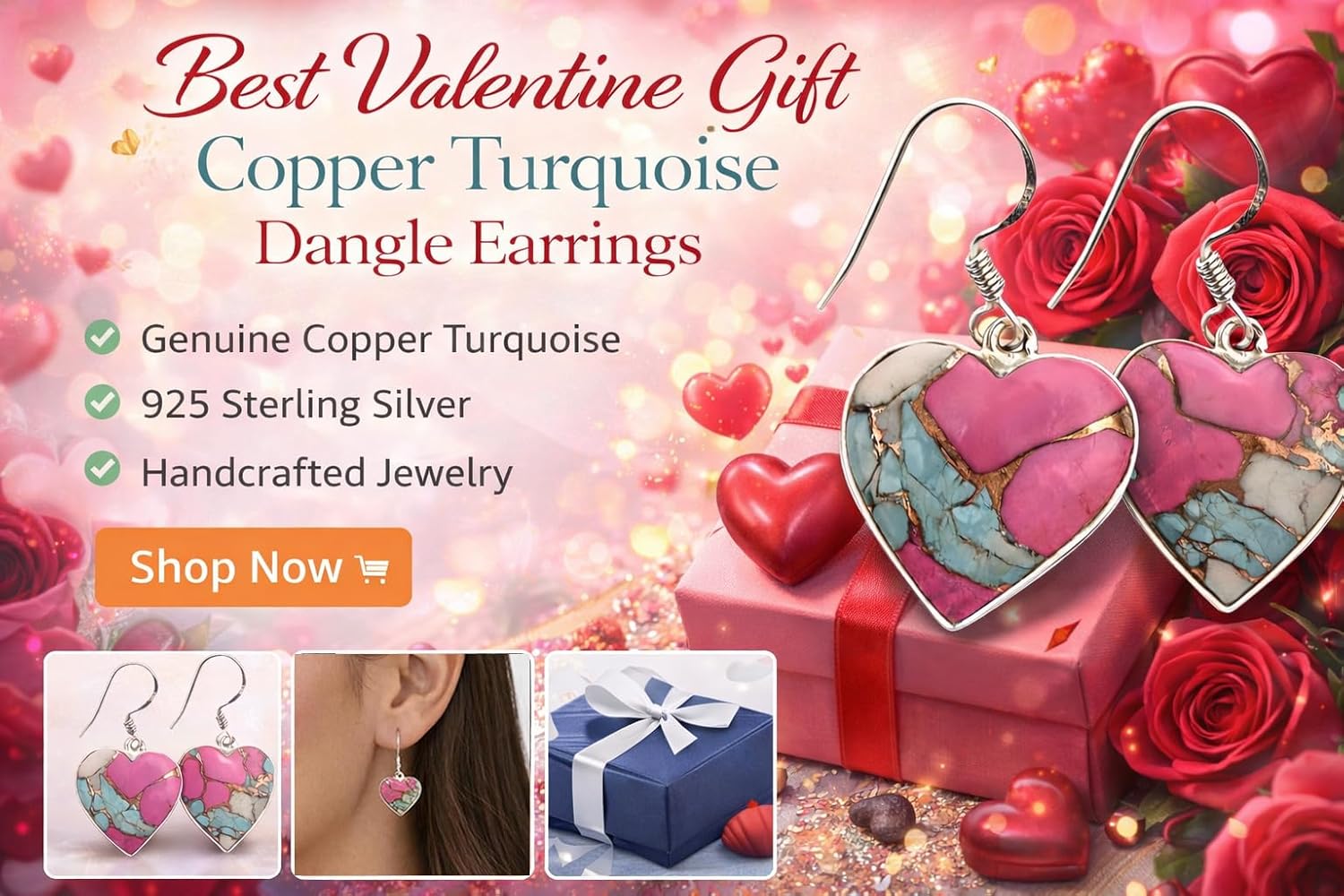 Heart Shape Copper Turquoise Dangle Earrings Solid 925 Sterling Silver Handmade Love Earrings Valentine’s Day Romantic Jewelry Gift for Her, Wife, Girlfriend