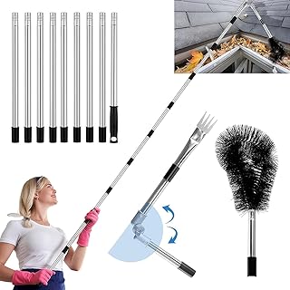 13FT Gutter Cleaning Tool from the Ground with Adjustable Length Gutter Cleaning Pole All-in-One Kit with 180° Pivot Head & Replaceable Brush | No Ladder Needed to Remove Leaves & Debris
