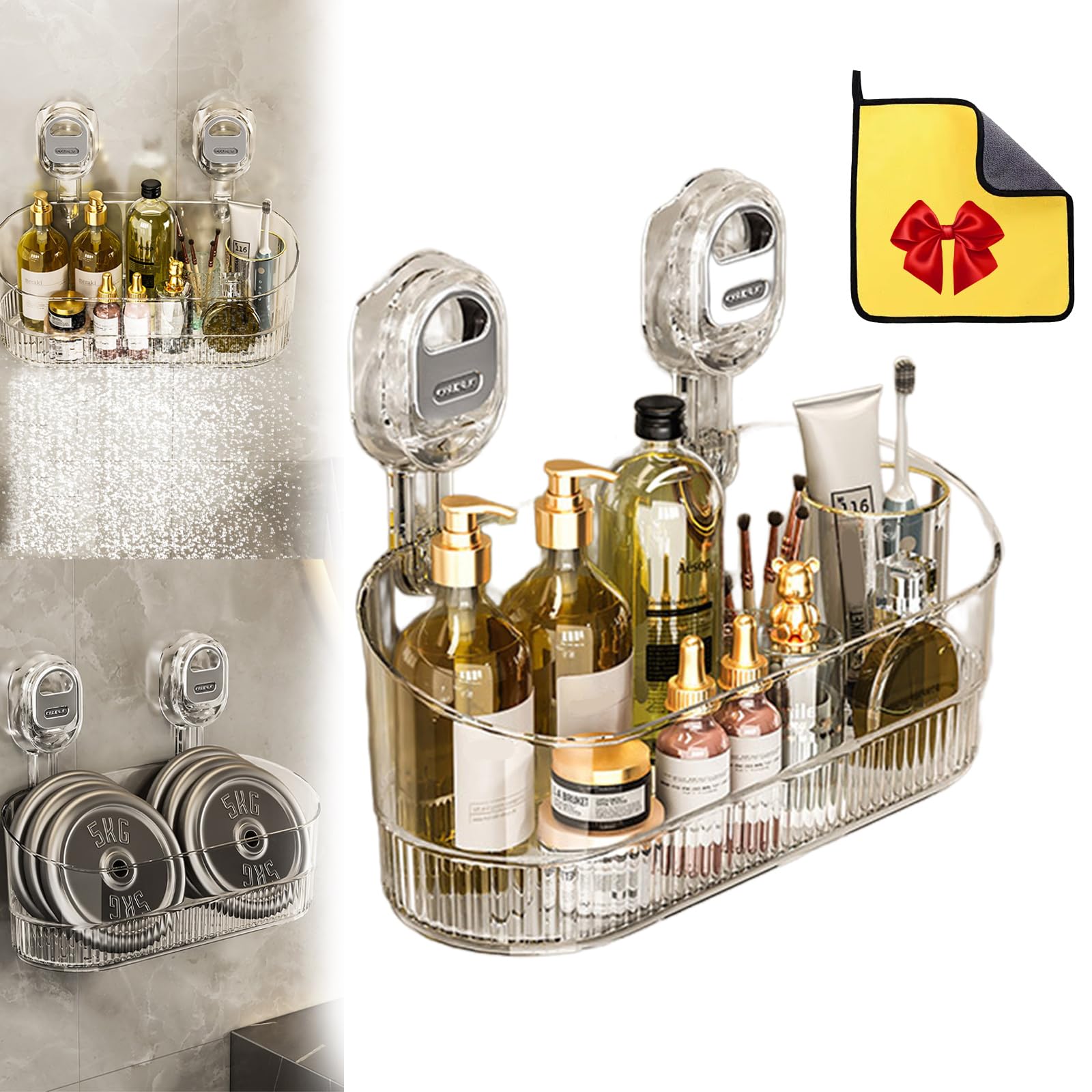 Fjaldjfu White Firmstaunch Suction Cup Storage, No-Drill Bathroom Suction Storage Box – Large Capacity & Strong Load-Bearing, Bathroom Shower Organizer, Suction Cup Storage Rack With Drain Hole (White)