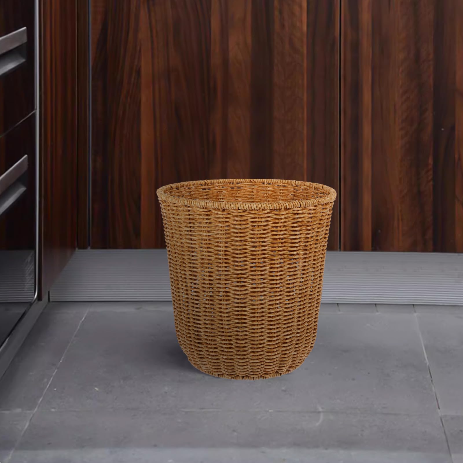 SHINEOFI Cestino per Rifiuti Intrecciato in Finto Rattan Medio Cestino Portaoggetti Versatile in Ferro e PP Contenitore Multiuso Decorativo per Soggiorno e Cucina