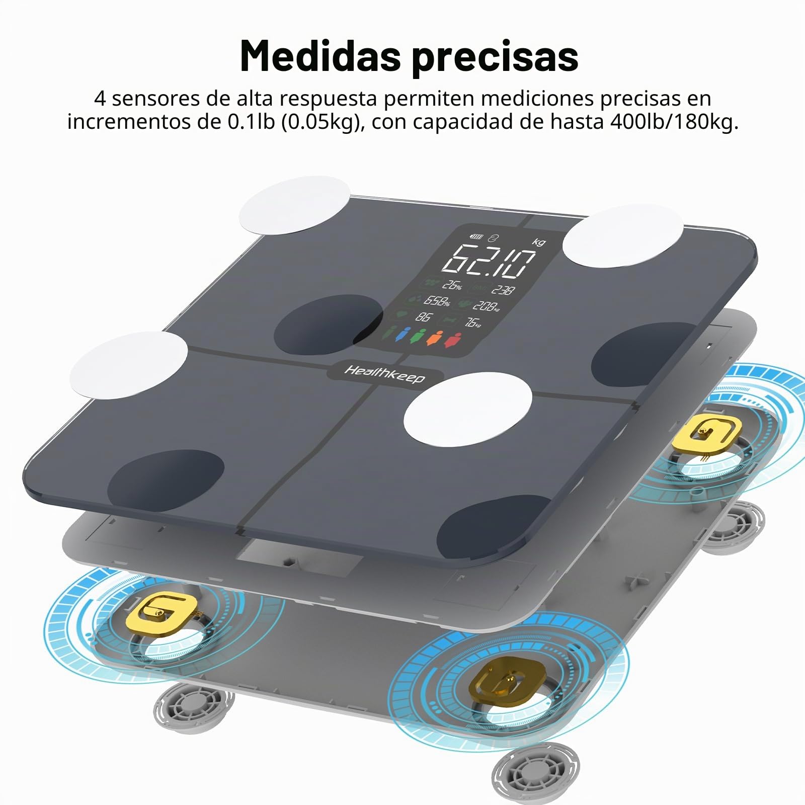 Báscula Grasa Corporal Healthkeep Báscula de Baño, Básculas Inteligentes Digitalescon Función de Frecuencia Cardíaca,15 Datos Corporales,Pantalla VA Extra Grande,Negro