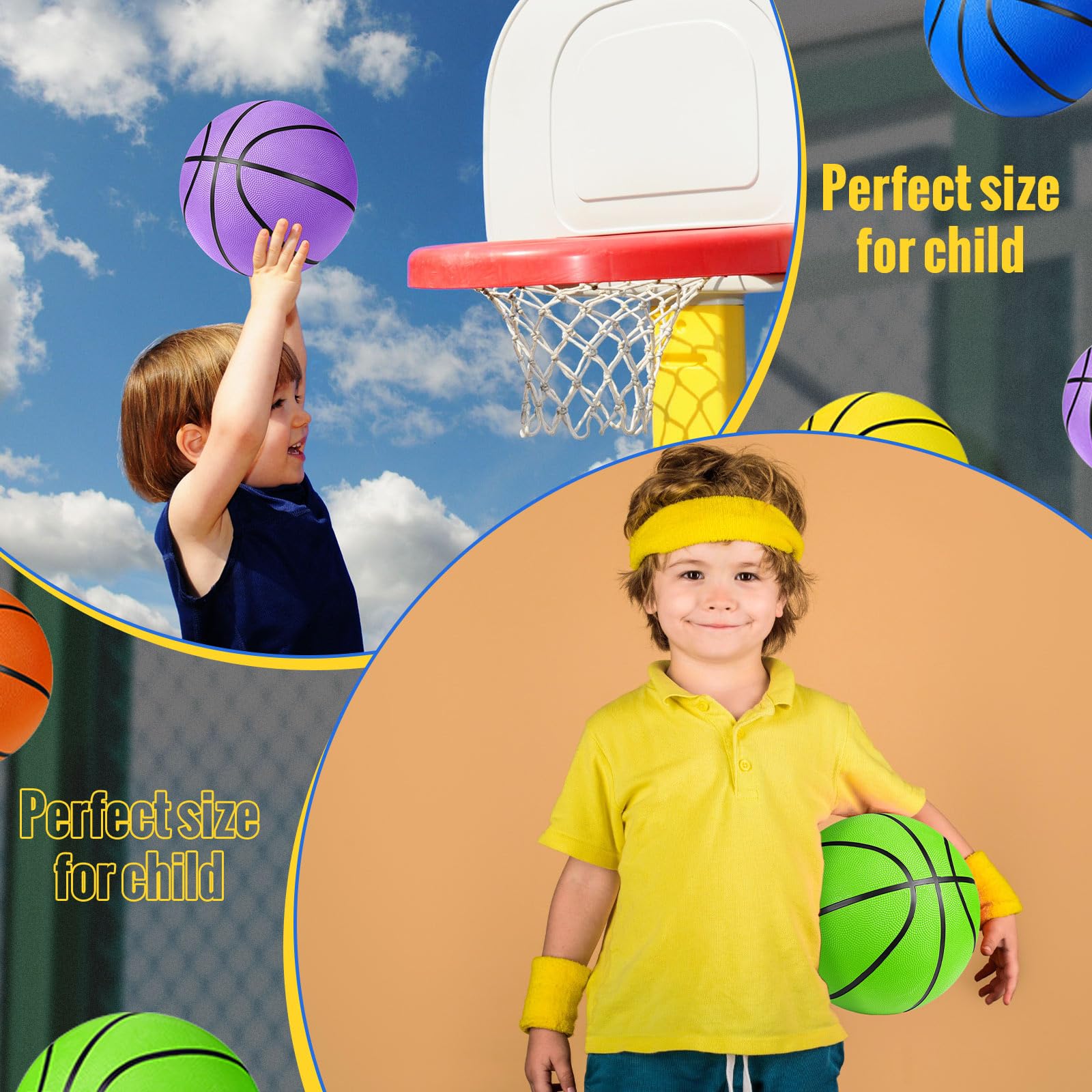 Jerify Confezione da 12 palline da basket in gomma, per interni ed esterni, dimensioni ufficiali, in 6 diversi colori, con pompa, per bambini, ragazzi, ragazze, per attività all'aperto e per allenarsi