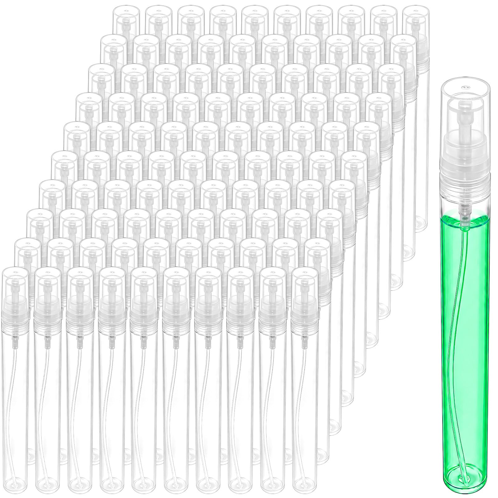 100 unidades de 10 ml atomizador de perfume rellenable, pulverizador vacío, mini bomba, botellas de plástico, atomizadores de viaje, botella de spray para viajes, perfume, muestras de fragancias