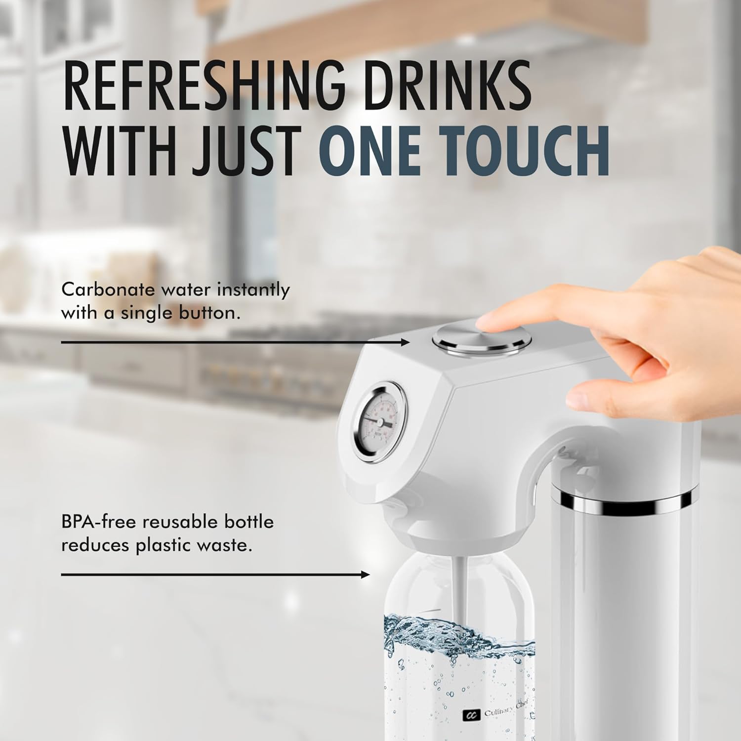 Sparkling Soda Maker – Soda Machine for Carbonated Water – BPA-Free Reusable Water Bottle included – Planet-Caring Carbonated Water Maker for Home – Fits Standard CO2 Cylinders, White