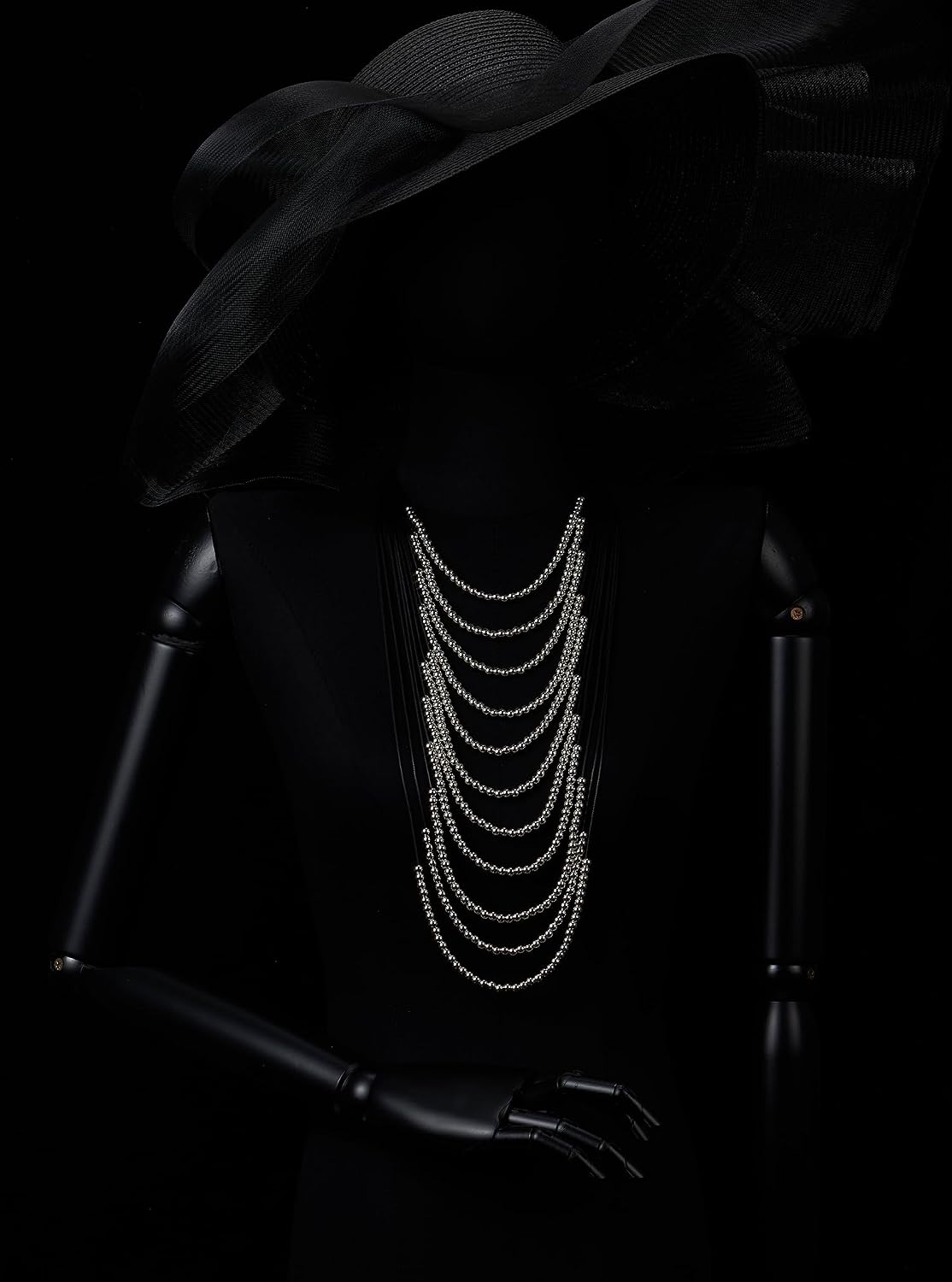 COOLSTEELANDBEYOND Women Layered Silver Bead Necklace with Black Cord Strands Multi-Row Long Statement Fashion Jewelry