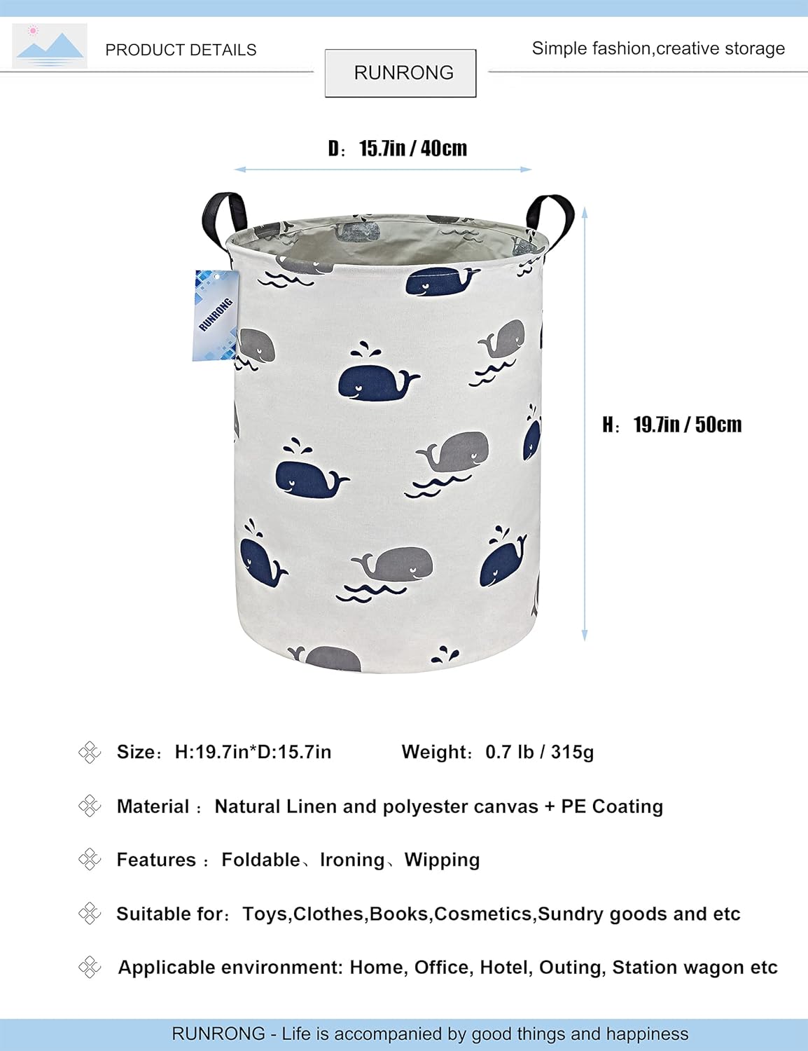 RUNRONG Large Size Round Storage Basket Foldable Waterproof Canvas Laundry Hamper with Handles Nursery Organizer for Bedroom /Living Room/Bathroom(Round Swimming Whale) : Baby