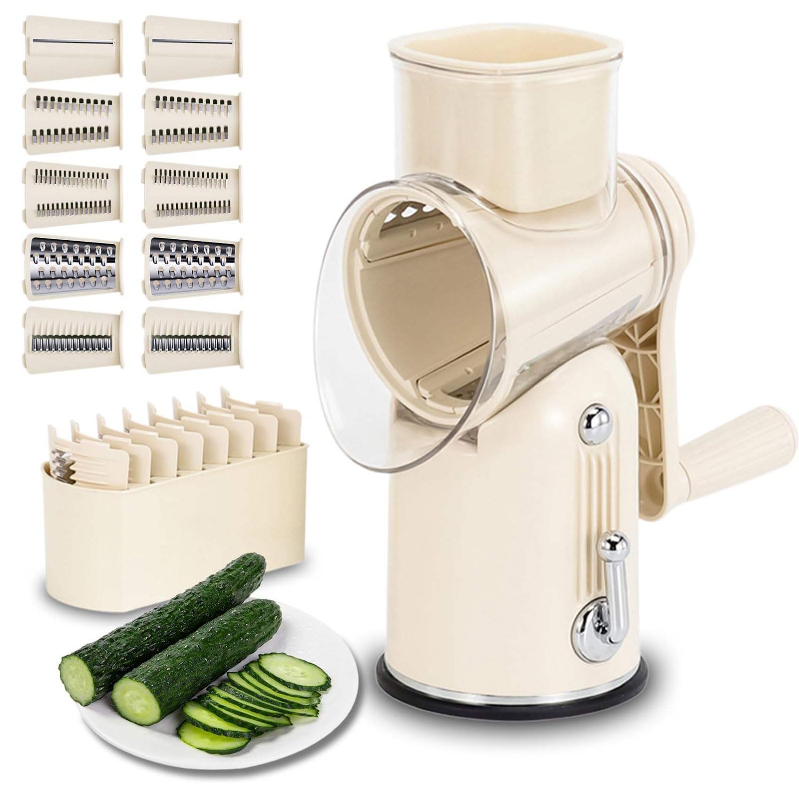 Rallador de alimentos portátil con manivela, tambor de acero inoxidable, cuchillas reemplazables para verduras, queso, rallador de cocina