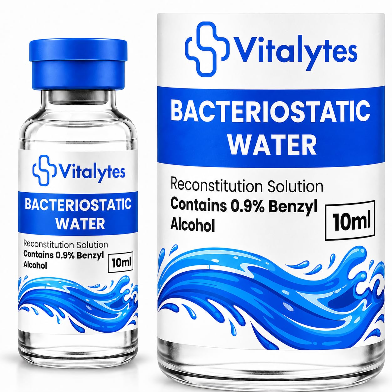 Vitalytes Acqua batteriostatica, 10 ml, soluzione di ricostituzione di laboratorio con alcool benzilico allo 0,9%, diluente sterile multiuso in flaconcino di vetro borosilicato