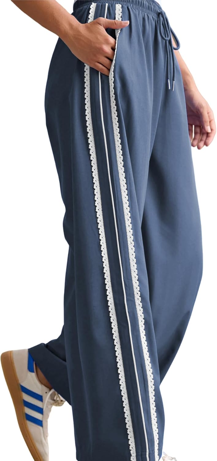 Yeokou Women's Wide Leg Sweatpants Side Stripe Crochet Slip on Drawstring Casual Running Track Palazzo Pants with Pockets