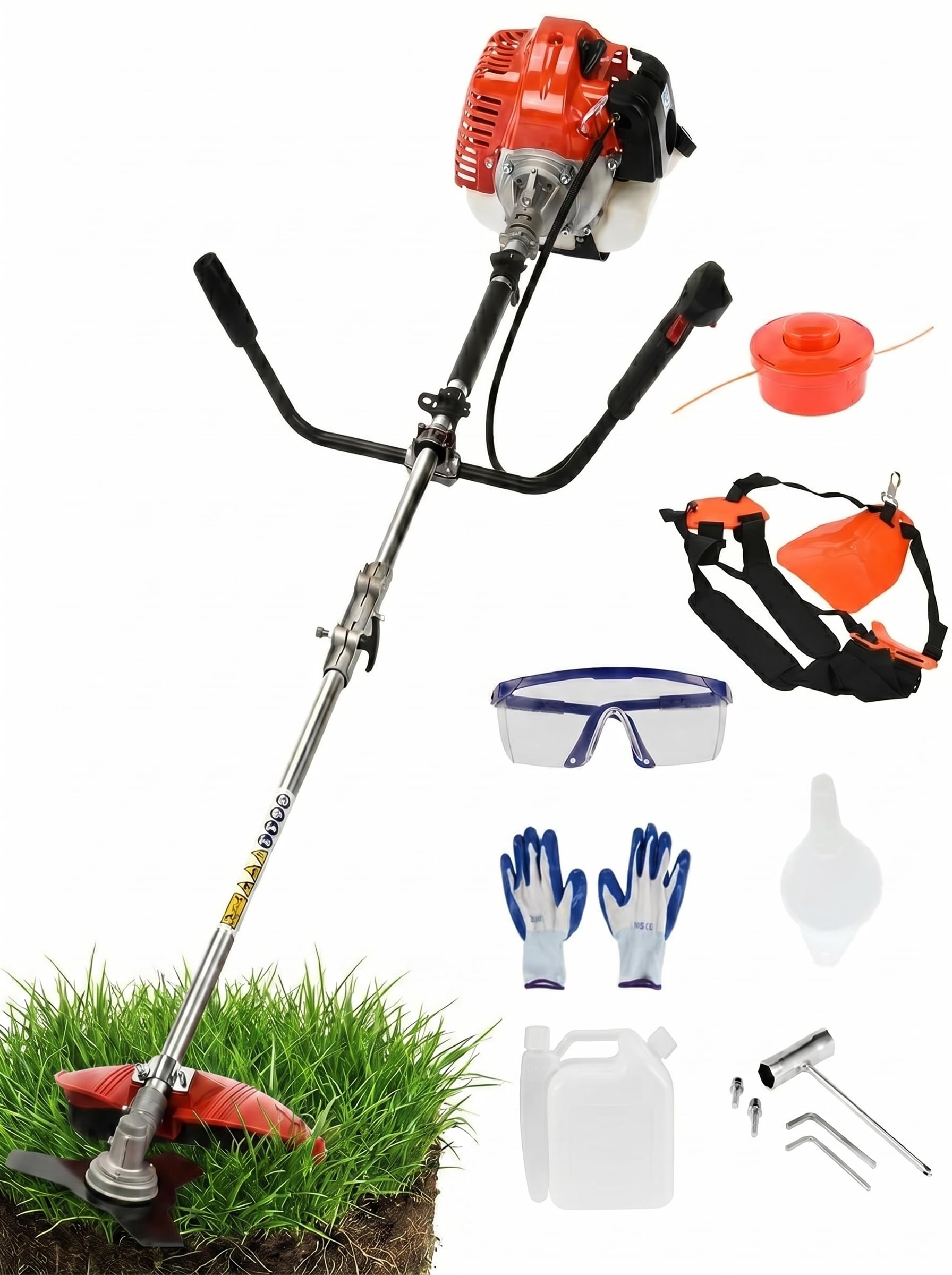 2in1 52cc 2-Stroke Gas Powered Gas Trimmer Strimmer & Weed Eater, 2.2KW 8500RPM Cordless String with Anti-Vibration System, Hand Brush Cutter for Overgrown Weeds, Allotment