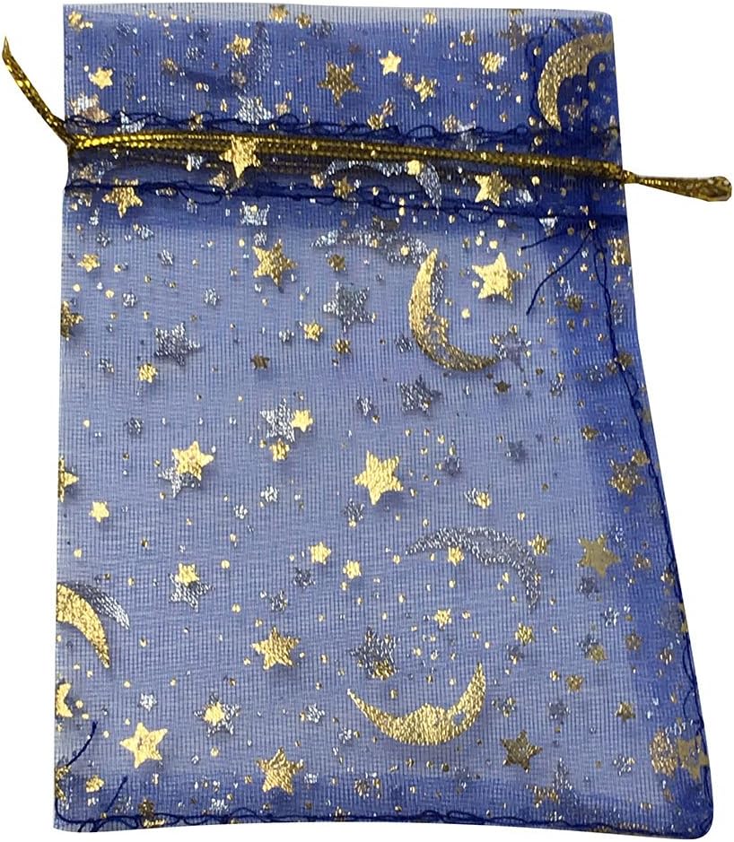 SUNGULF 100Pcs Sheer Organza Drawstring Pouches Stars And Moon Wedding Party Favor Jewelry Candy Gift Bags (Blue, 5x7 inch)