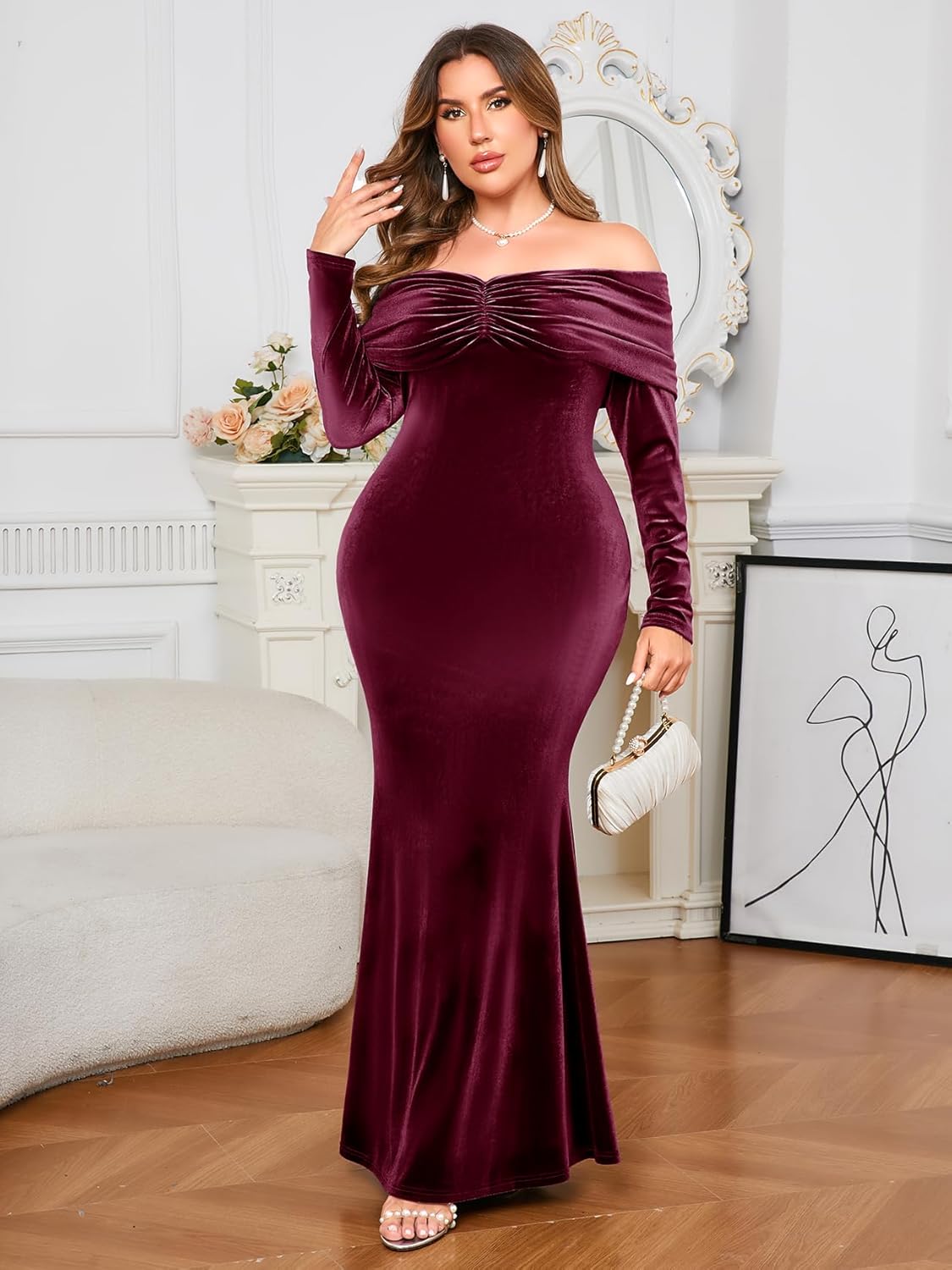 ZOMVA Plus Size Off Shoulder Velvet Dress Long Sleeve Mermaid Bodycon Maxi Evening Gown for Cocktail Party Wedding Guest - Image 2