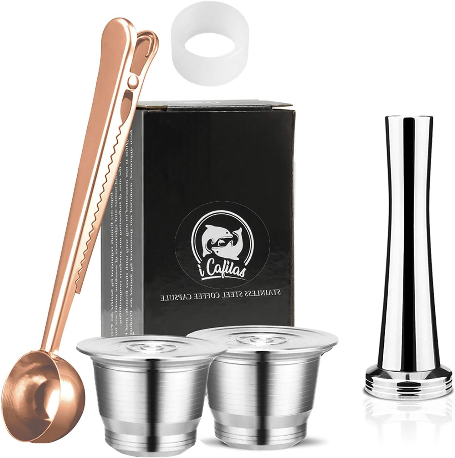 i Cafilas Reusable Nepresso Capsules,Stainless Steel Refillable Coffee Pods Compatible for Nepresso Machine【OriginalLine】Durable Metal Reusable Coffee Pods (2 Pods,1 Tamper,1 Coffee fillter,1 Spoon)