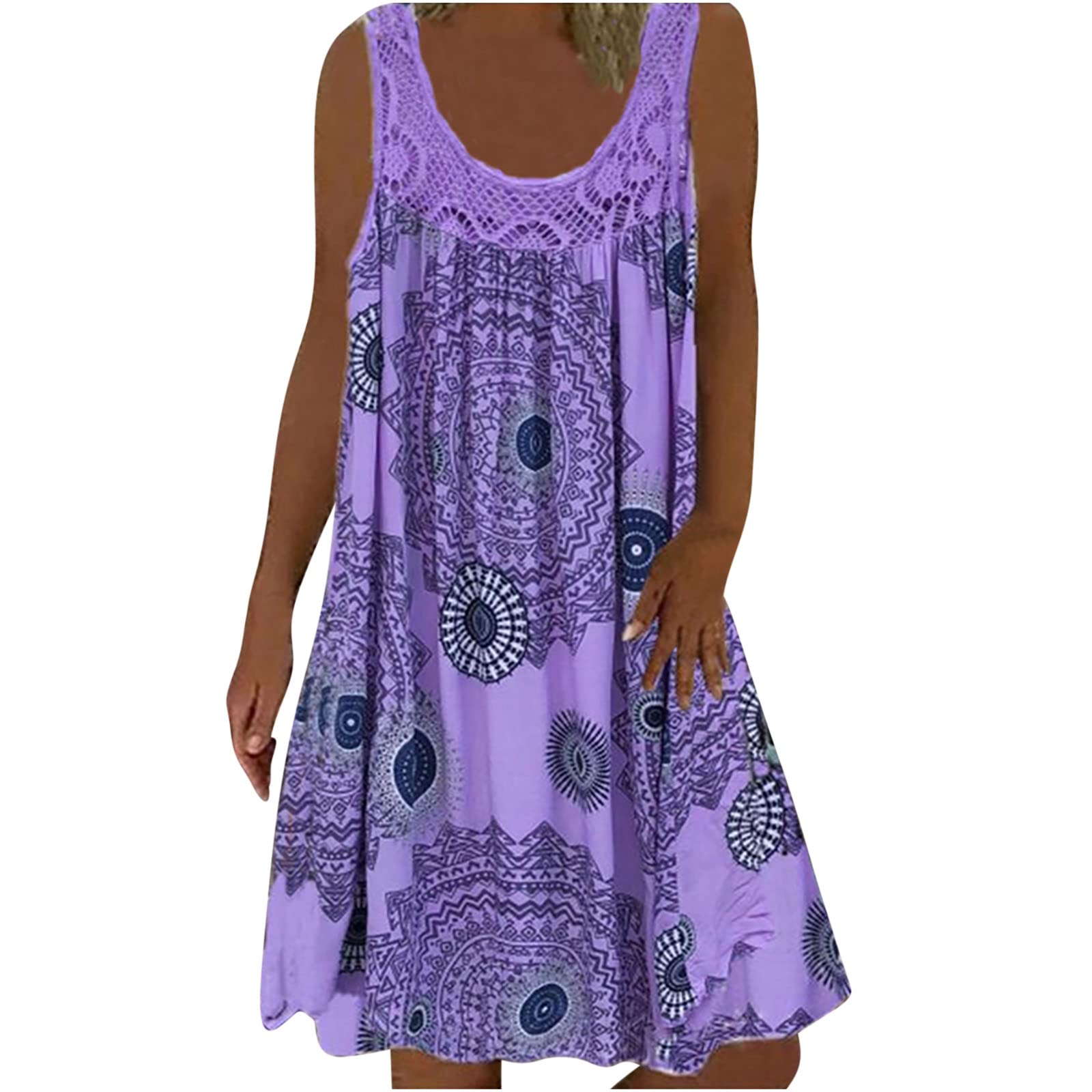 TURWXGSOWomens Casual Loose Sleeveless Round-Neck Tank Dress Floral Print Short Sun Dress Summer Vacation Mini Dresses Beach Pleated Dresses Trendy A Line Swing Short Vest Dress