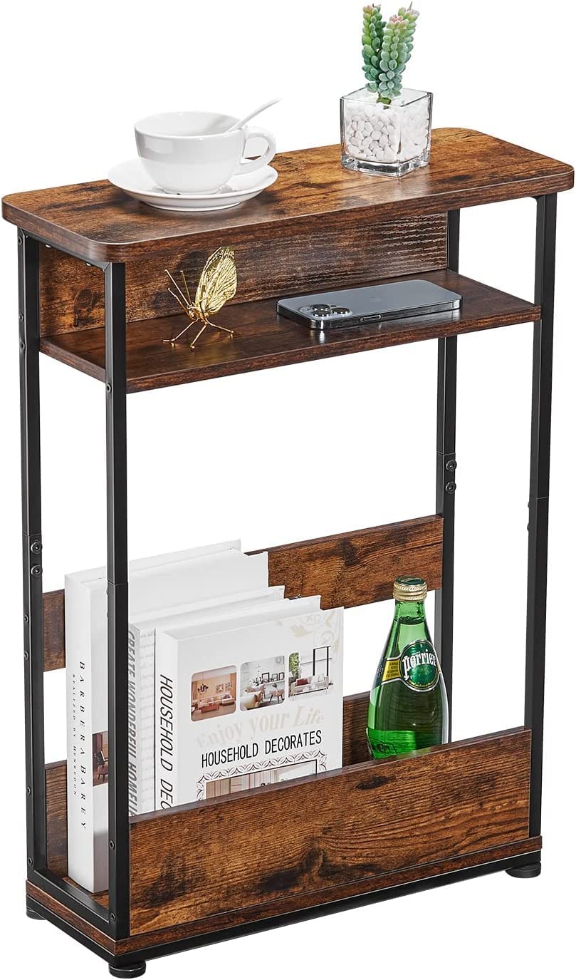 72111 narrow side table with storage shelf, 3 tier slim end table modern sofa table for narrow and small spaces, 24.6 inch height bedside table small nightstand with magazine rack (brown)