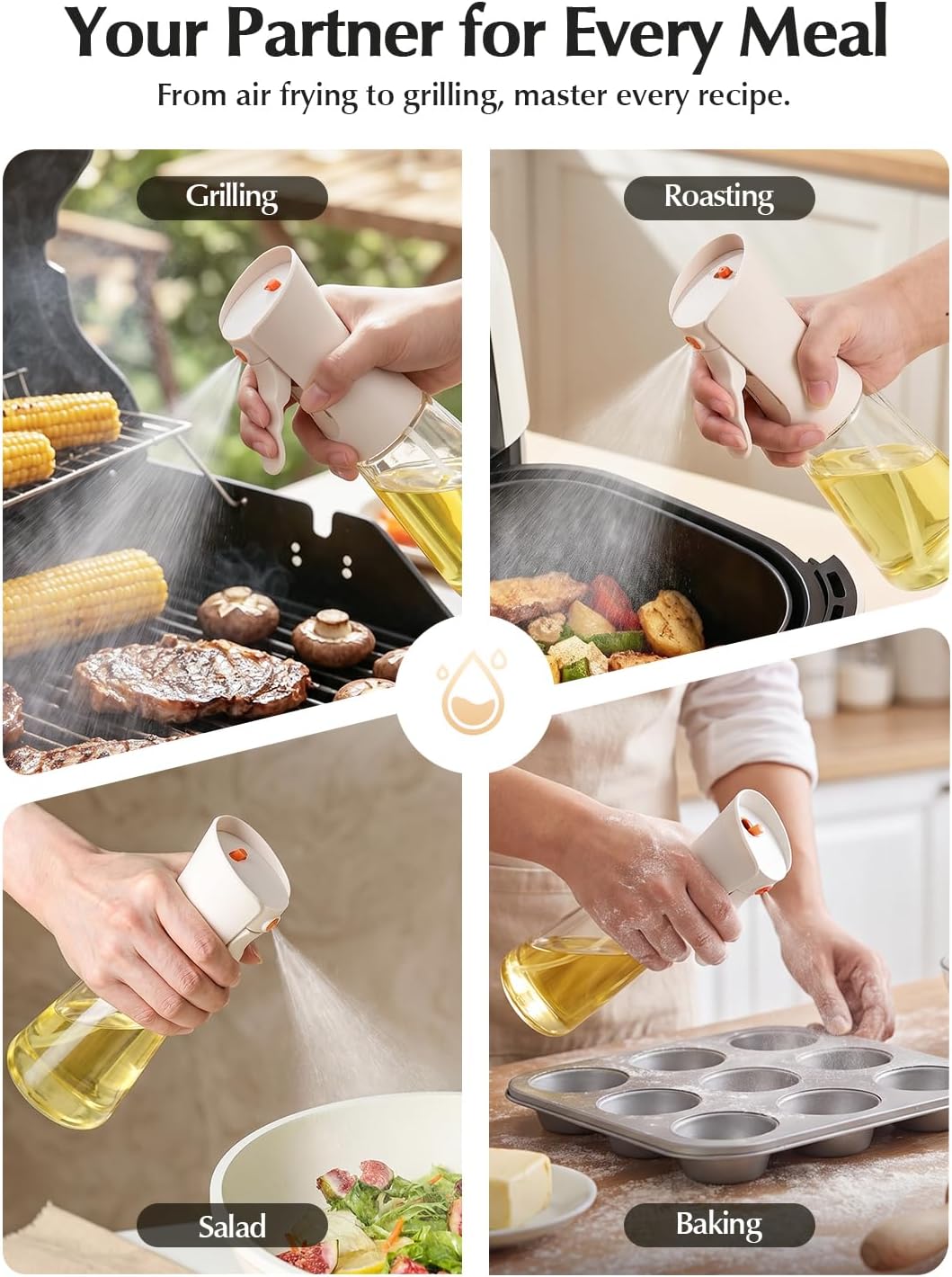 Danbark Oil Sprayer for Cooking, 9.5oz(280ml) Glass Olive Oil Spray Bottle, 1g Per Spray Wide Angle Mist, Travel Lock, Ergonomic Grip for Air Fryer, BBQ, Salad and Grilling（White）