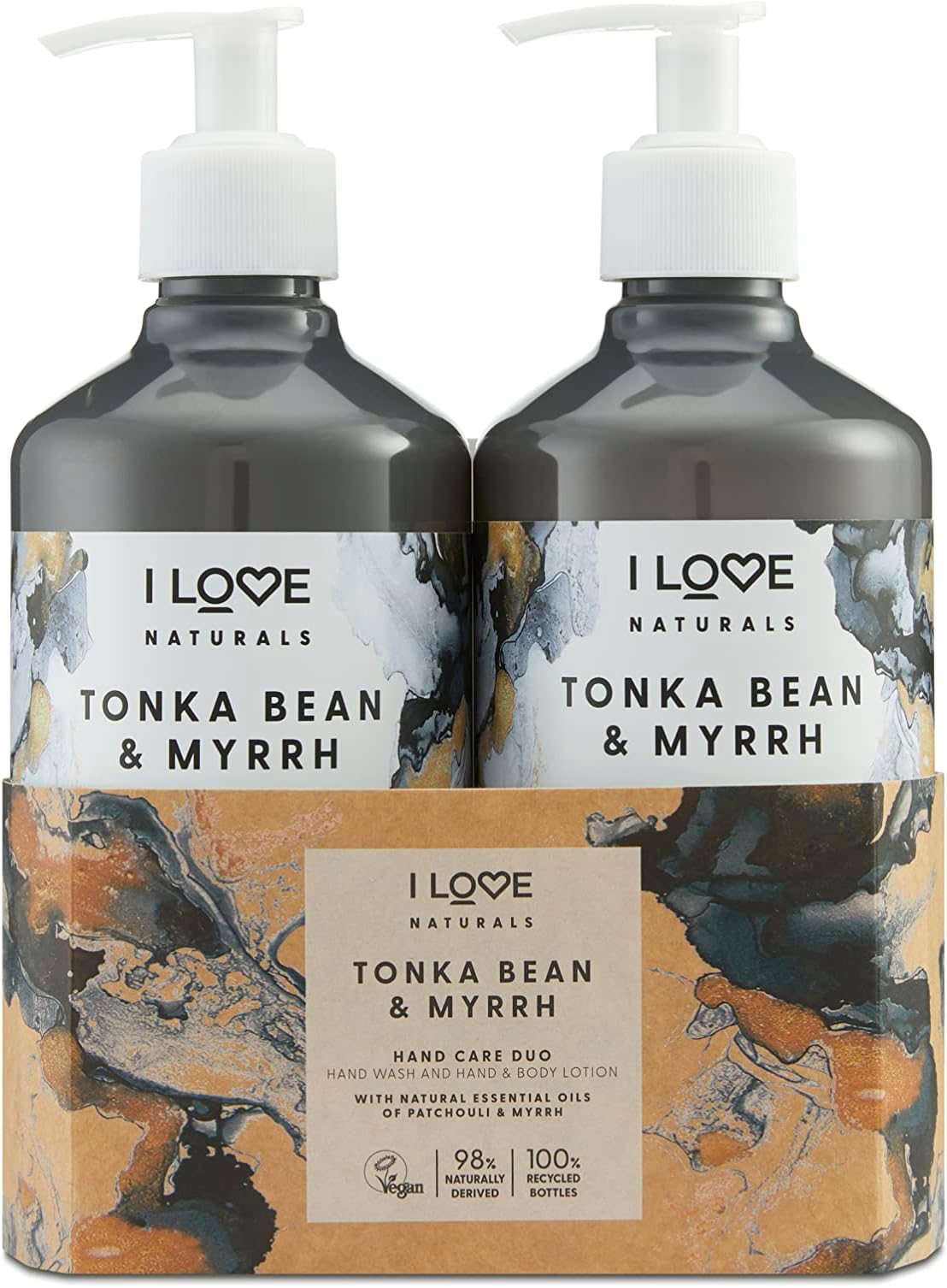 I Love Naturals Hand Care Duo Tonka Bean and Myrrh with Natural Essential Oils of Patchouli and Myrrh, Hand Wash 500ml and Hand and Body Lotion 500ml