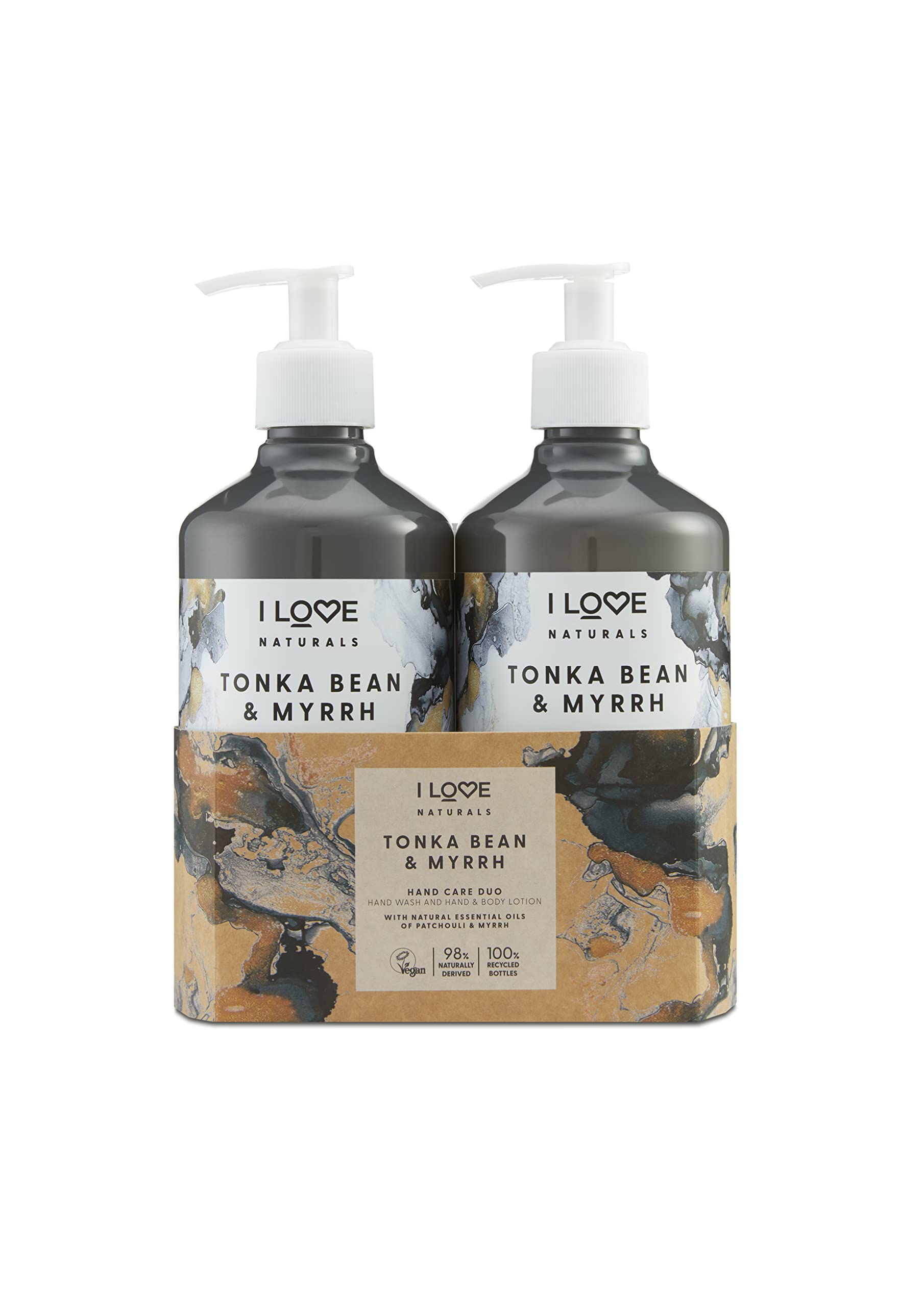 I Love Naturals Hand Care Duo Tonka Bean and Myrrh with Natural Essential Oils of Patchouli and Myrrh, Hand Wash 500ml and Hand and Body Lotion 500ml