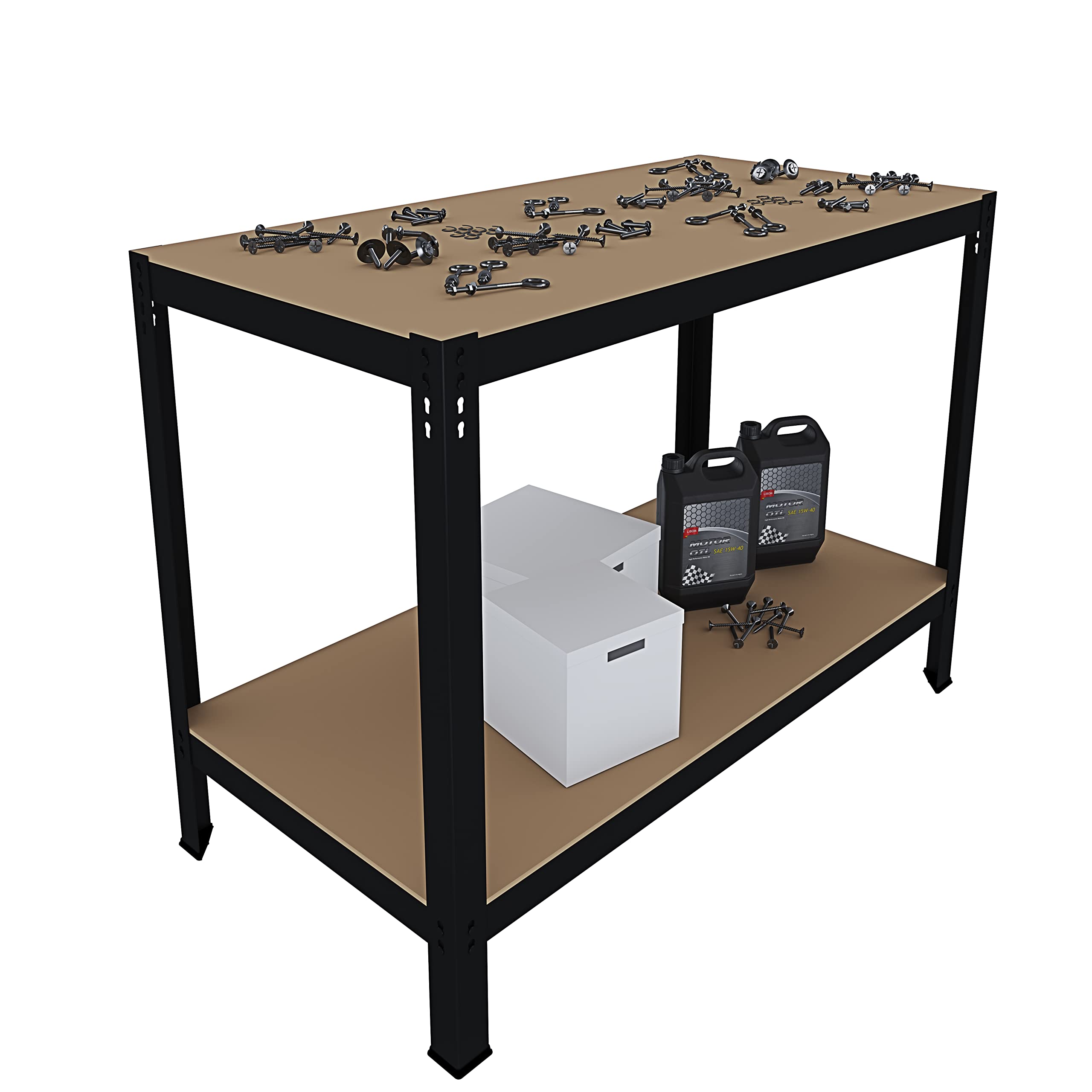 Banco Tavolo Da Lavoro Senza Bulloni In Acciaio Metallo MDF Portata Fino 550 Kg 2 Ripiani Regolabili Ideale Per Garage Officina Cantina Capannone Magazzino Design Modulare 90 x 120 x 60 cm (Black)